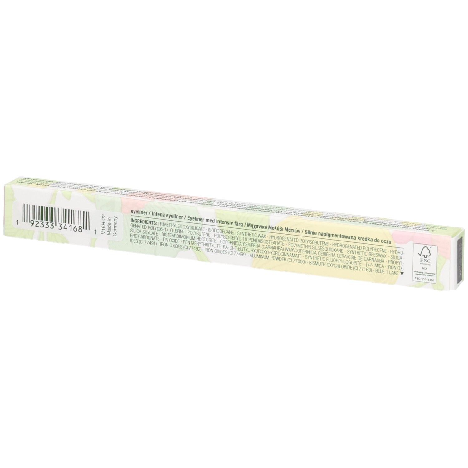 Clinique Quickliner for Eyes Intense, potloodverpakking met bloemenpatroon, achterkant met ingrediënten.