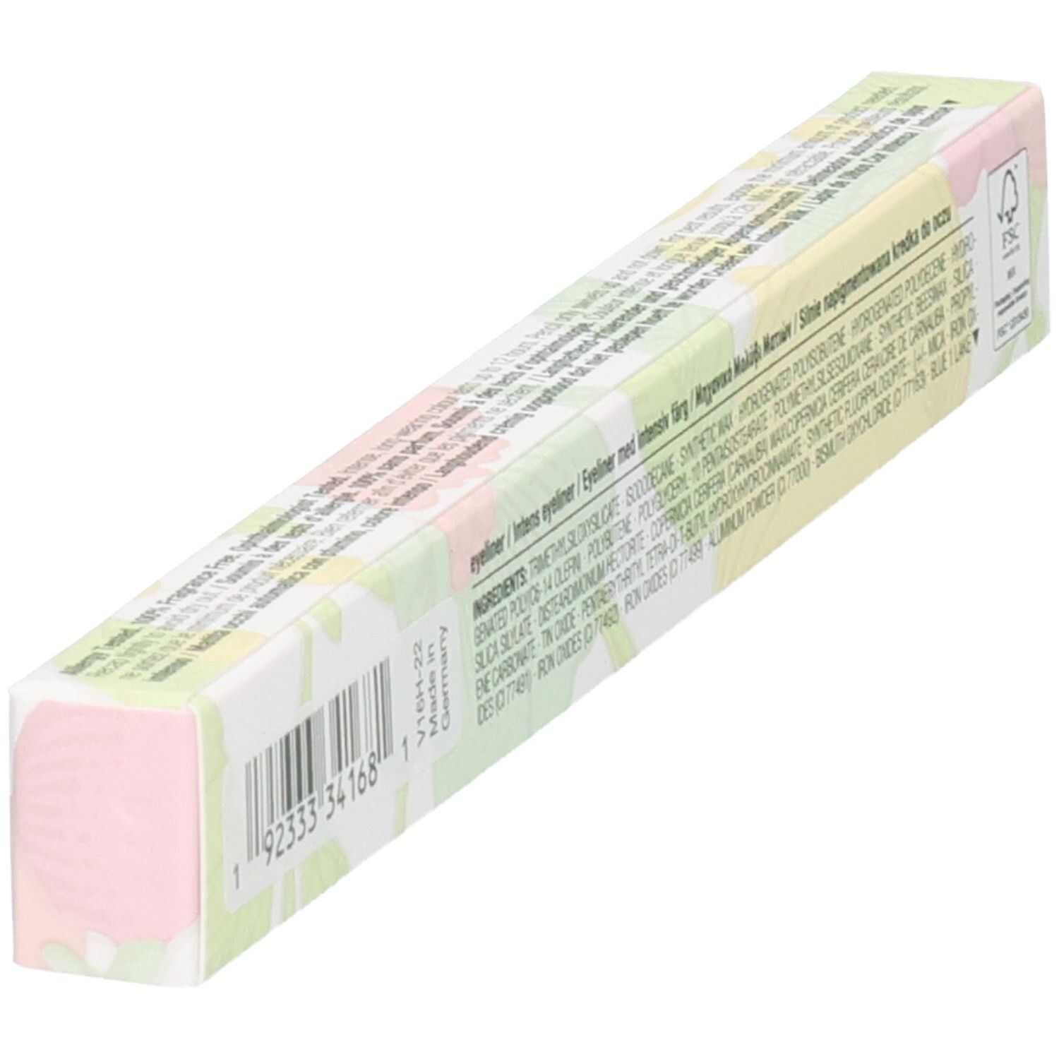 Clinique Quickliner for Eyes Intense, potloodverpakking met bloemenpatroon, achterkant met barcode.