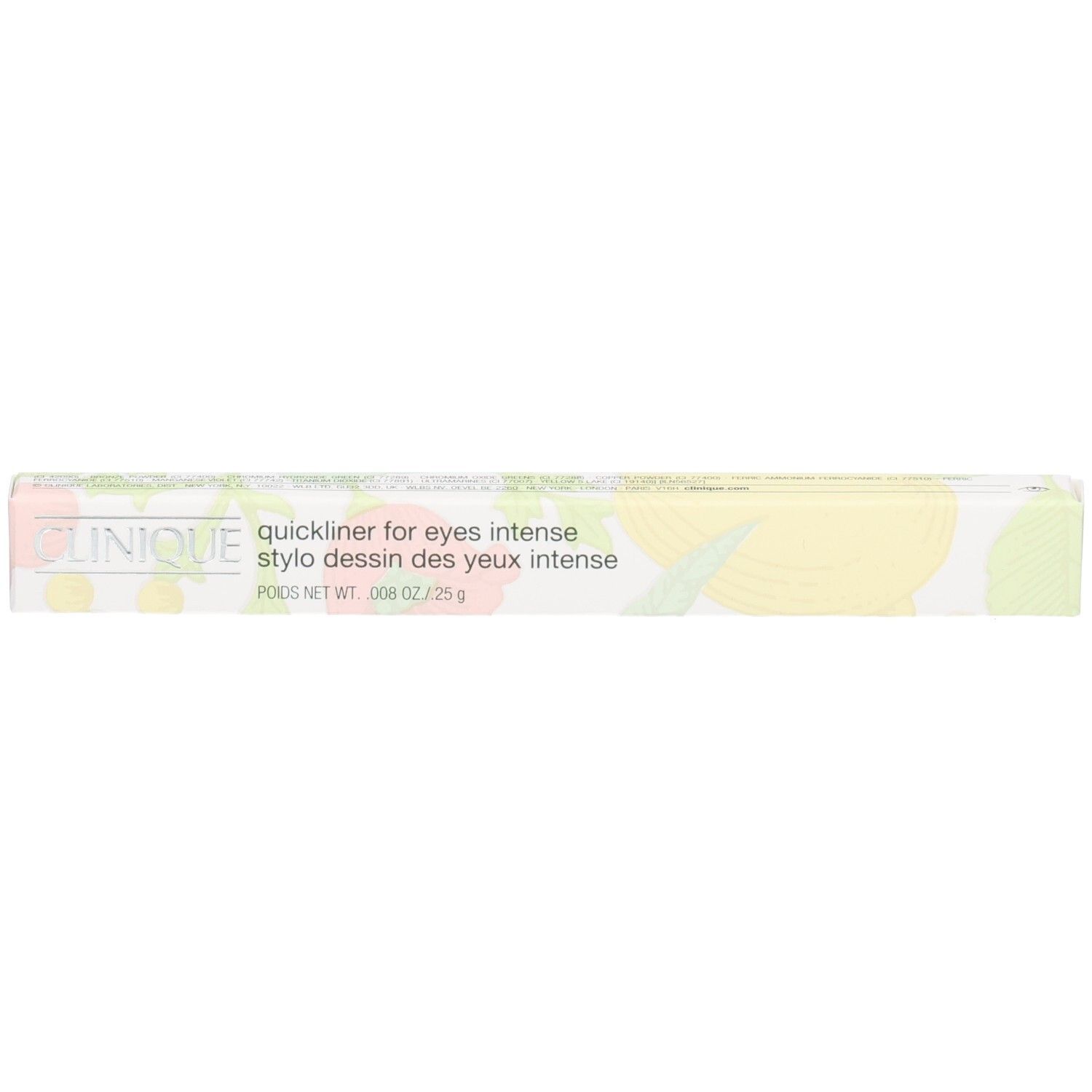 Clinique Quickliner for Eyes Intense, potloodverpakking met bloemenpatroon.