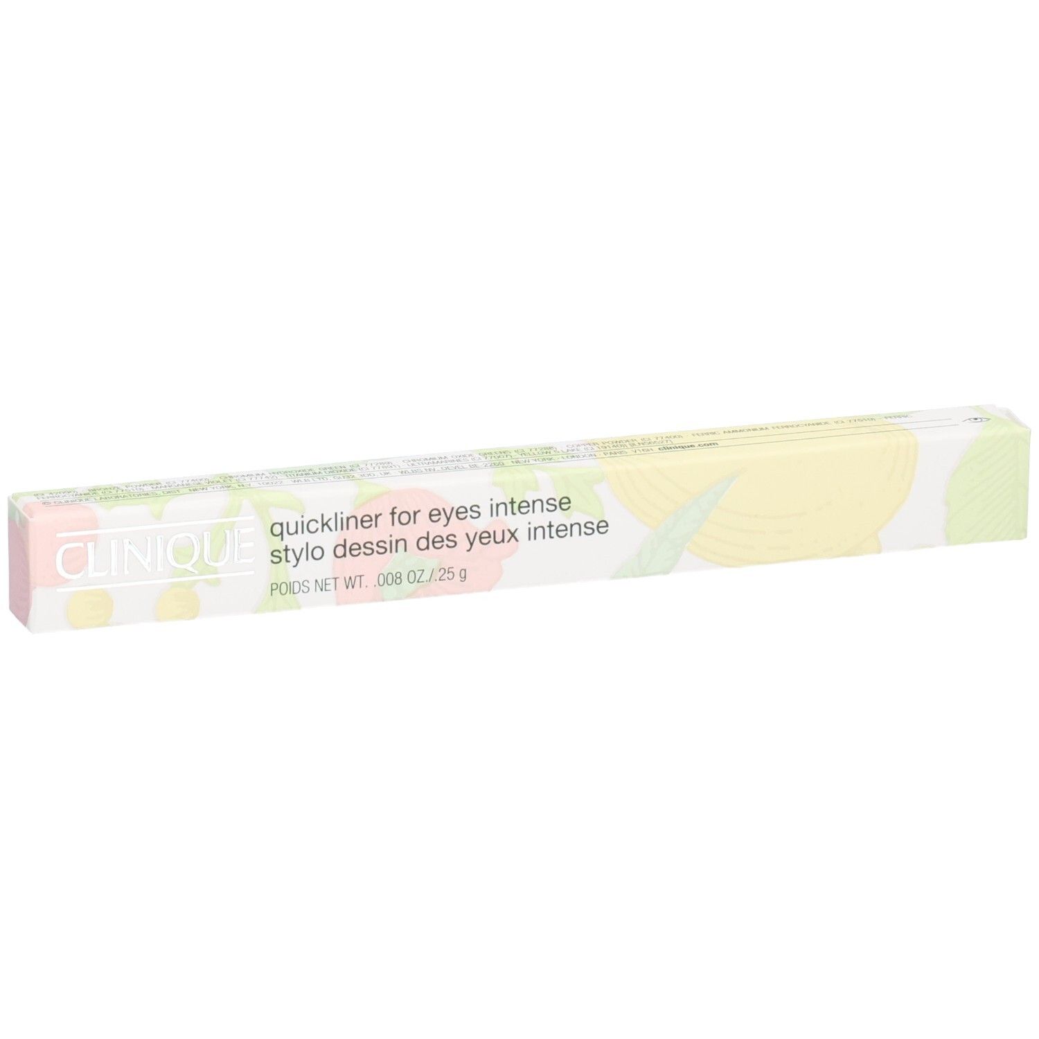 Clinique Quickliner for Eyes Intense, potloodverpakking met bloemenpatroon.