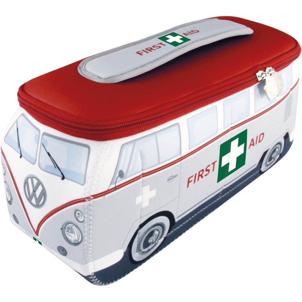 Eerstehulp-tas als VW bus, zijaanzicht. Rood en wit met "First Aid" opschrift.
