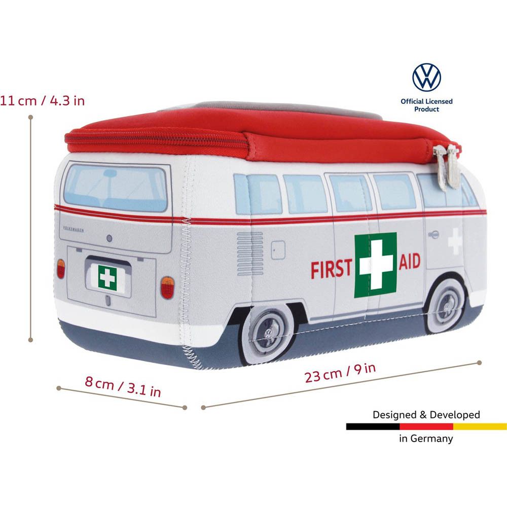 Eerstehulp-tas als VW bus, zijaanzicht met "First Aid" opschrift en kruis.