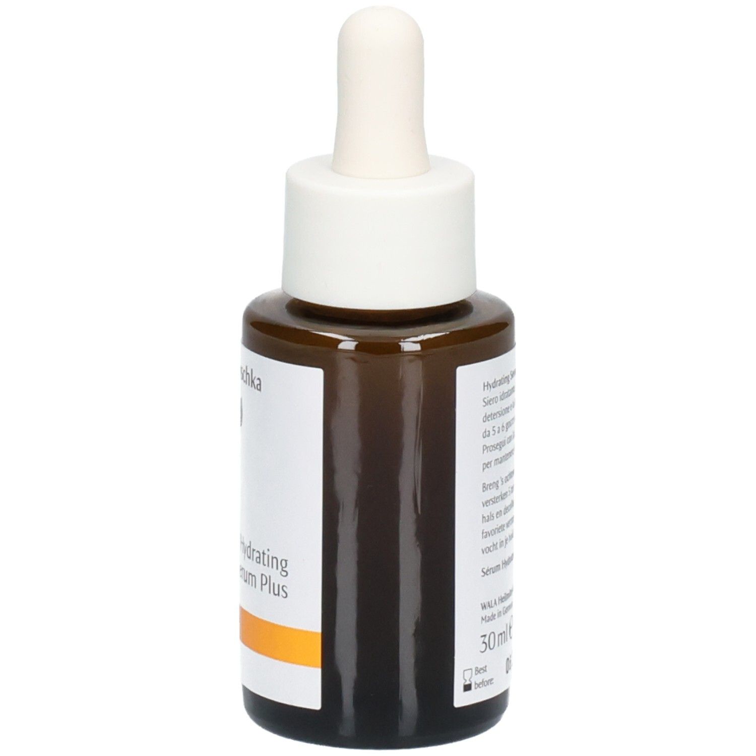 Vue latérale du flacon Dr.Hauschka Hydrating Serum Plus, montrant le verre brun et le bouchon compte-gouttes.