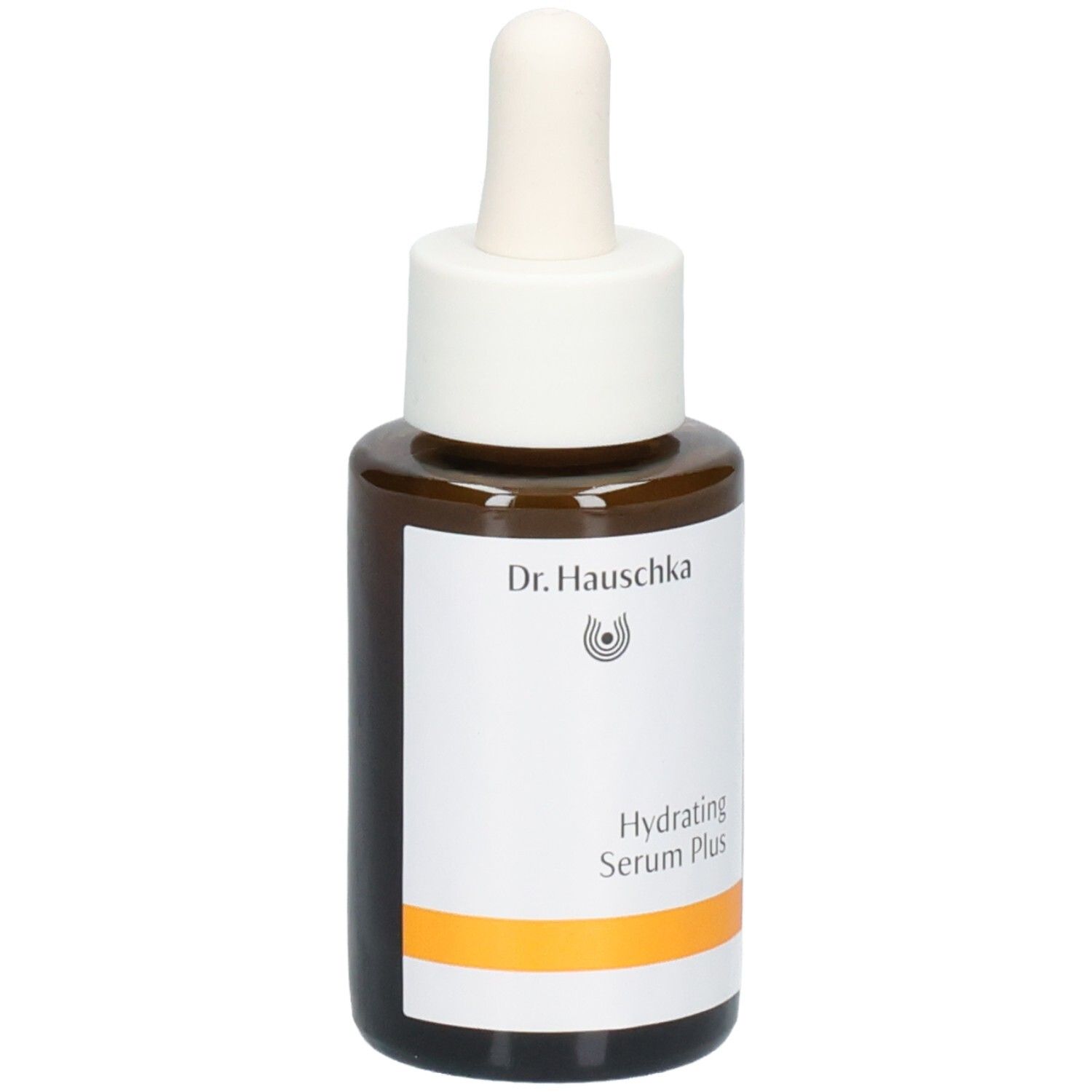 Sérum hydratant Dr.Hauschka Plus dans un flacon en verre brun avec bouchon compte-gouttes, vue légèrement de côté.