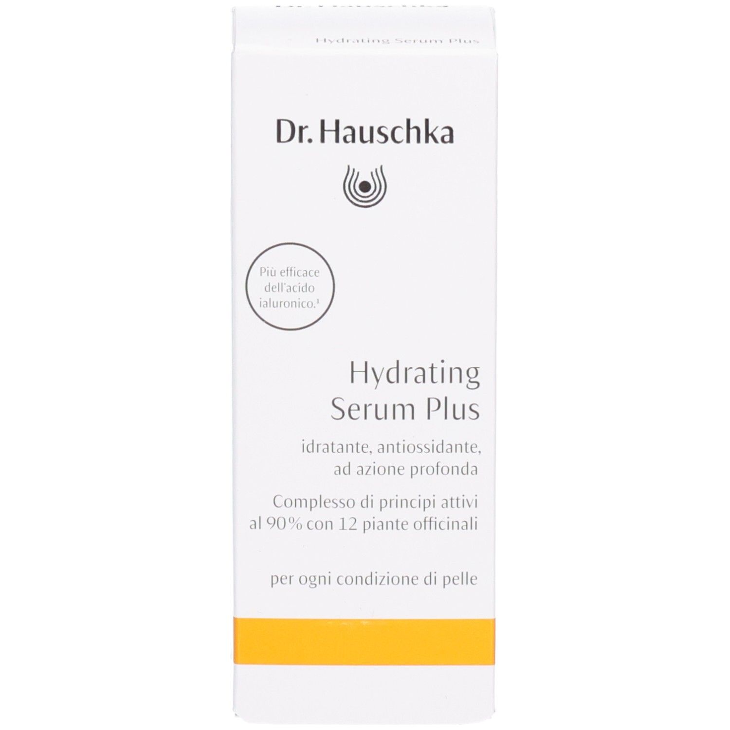 Emballage du Dr.Hauschka Hydrating Serum Plus avec informations produit détaillées en italien.