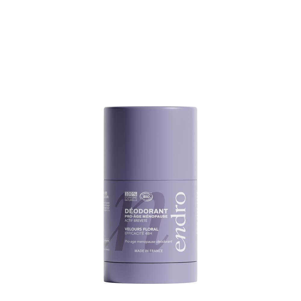 Lila deodorantstick met opschrift 'Endro' en 'Déodorant Pro-Âge Ménopause'.