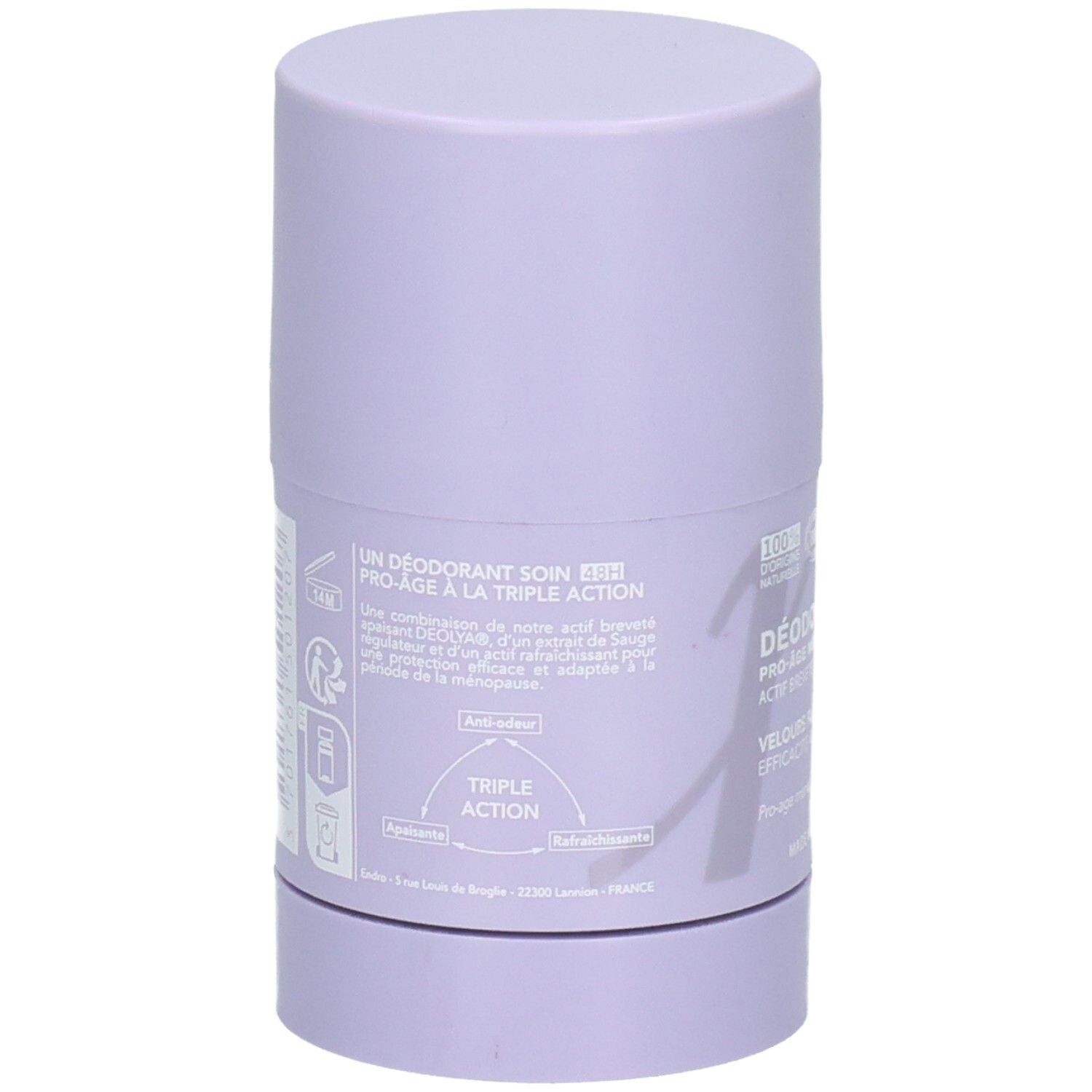 Arrière d'un stick déodorant lilas avec informations sur l'action triple.
