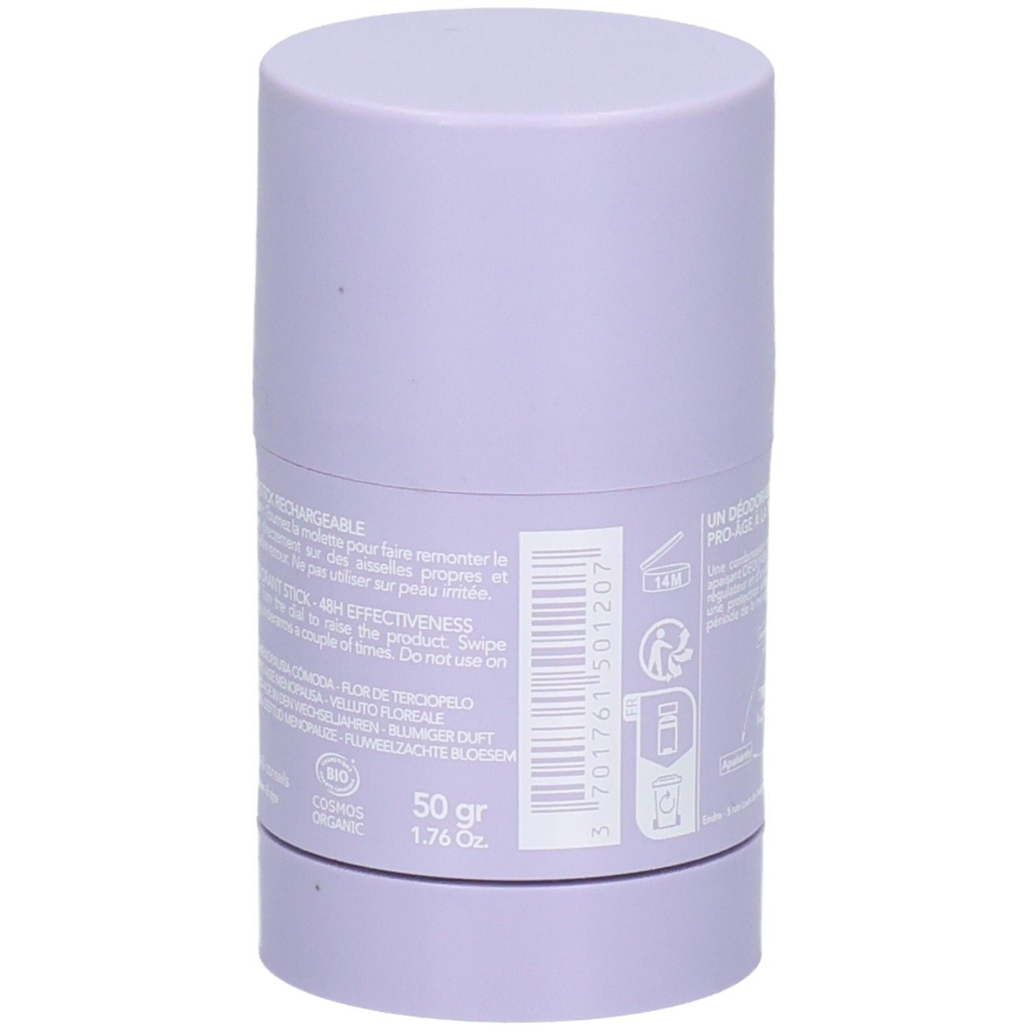 Stick déodorant lilas avec indication de poids '50 gr' et code-barres.