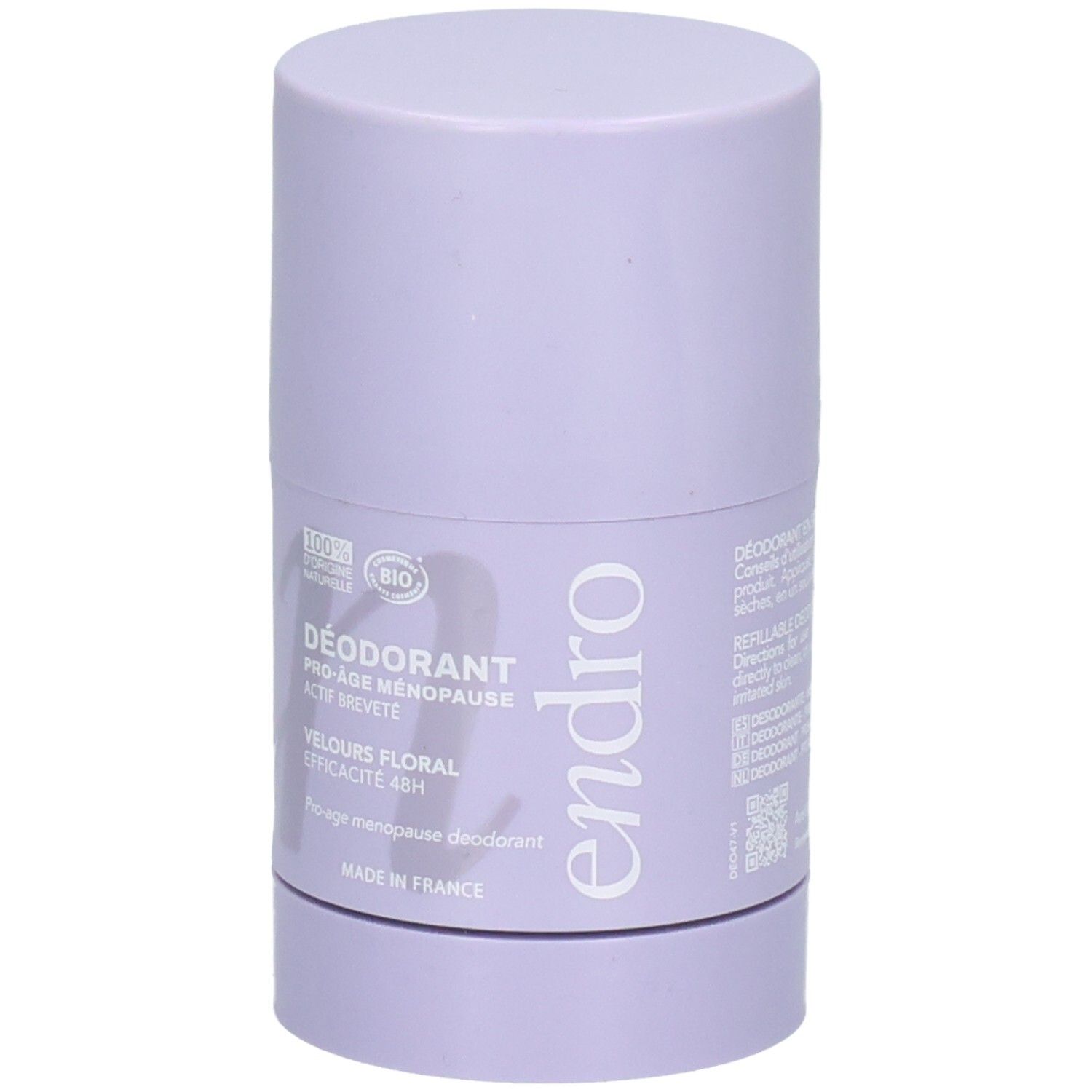 Stick déodorant lilas avec inscriptions 'Endro' et 'Déodorant Pro-Âge Ménopause'.