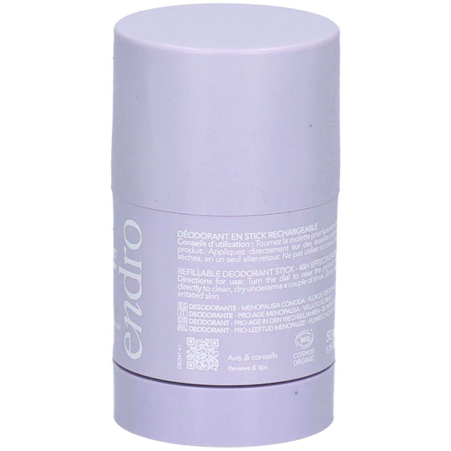 Stick déodorant lilas avec inscriptions 'Endro' et 'Déodorant en stick rechargeable'.