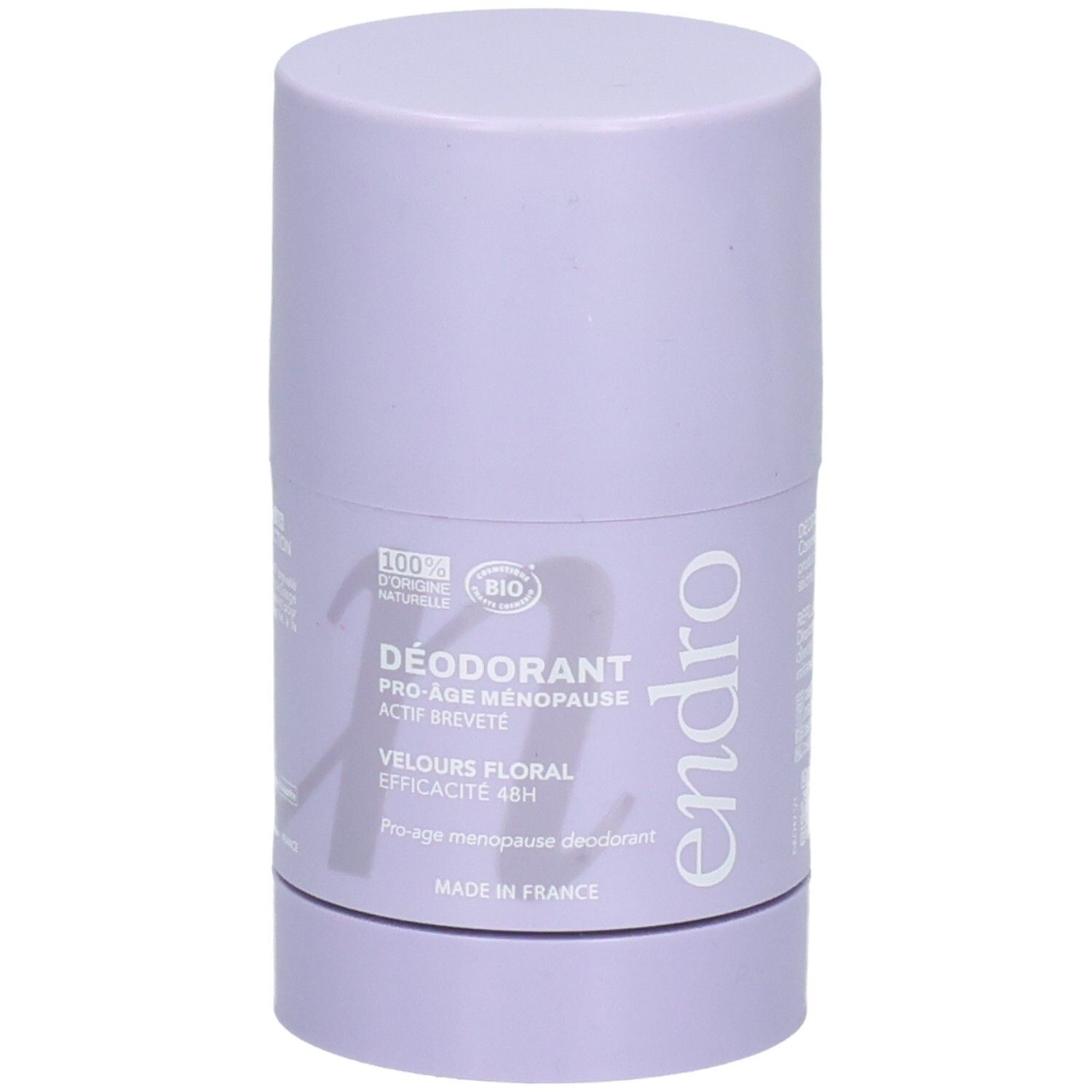 Stick déodorant lilas avec inscriptions 'Endro' et 'Déodorant Pro-Âge Ménopause'.