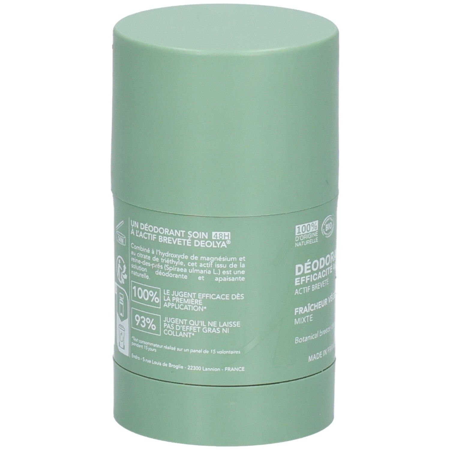 Endro Deodorant Stick achterkant: Bio-gecertificeerd, 100% natuurlijke ingrediënten, 48H werkzaamheid.