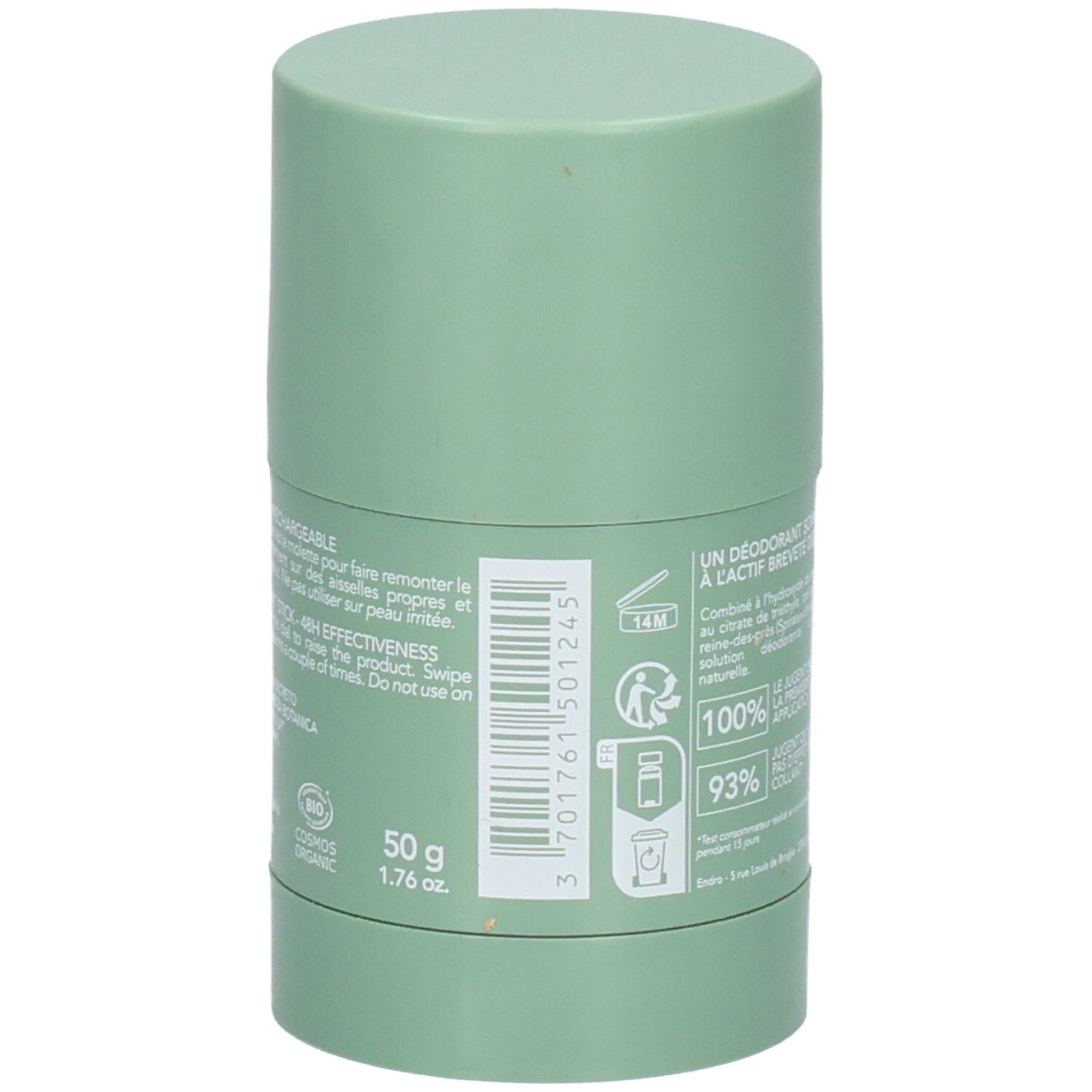 Endro Deodorant Stick: 50g, 48H werkzaamheid, bio-gecertificeerd. Barcode en productinformatie.