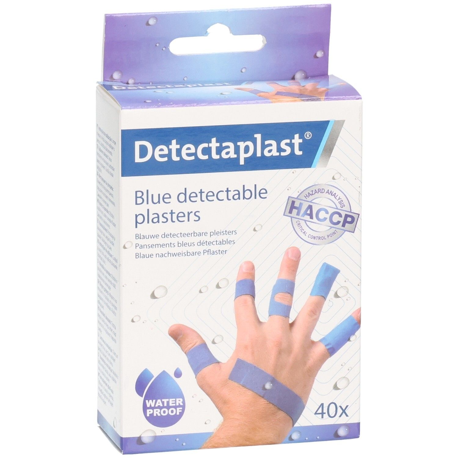 Pansements bleus détectables et imperméables Detectaplast. Face avant de la boîte avec nom du produit et image de main. 40 pièces.