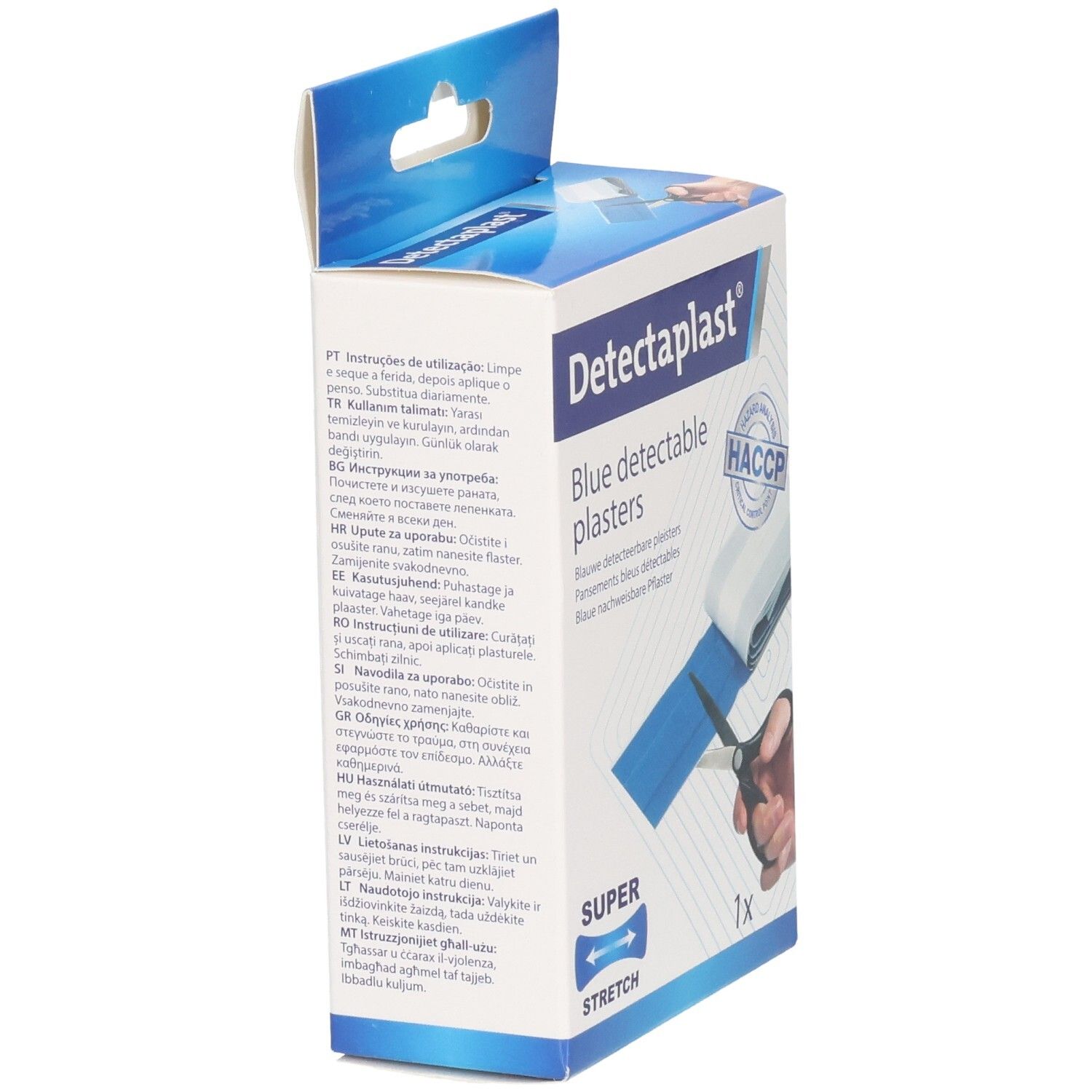 Verpakking met meertalige instructies voor Detectaplast blauwe detecteerbare pleisters.