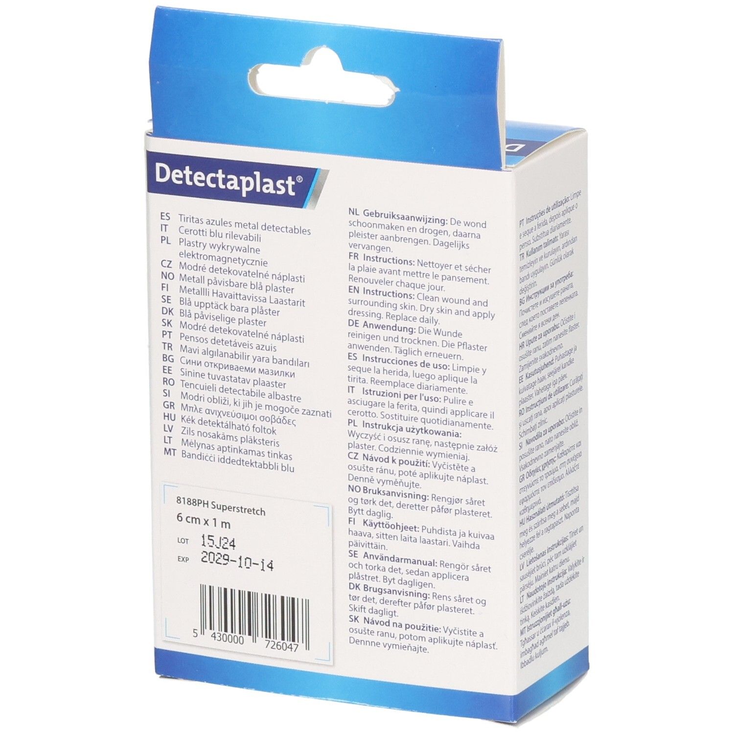 Achterkant verpakking: Detectaplast blauwe pleisters, 6 cm x 1 m, Super Stretch, batchnummer, vervaldatum.