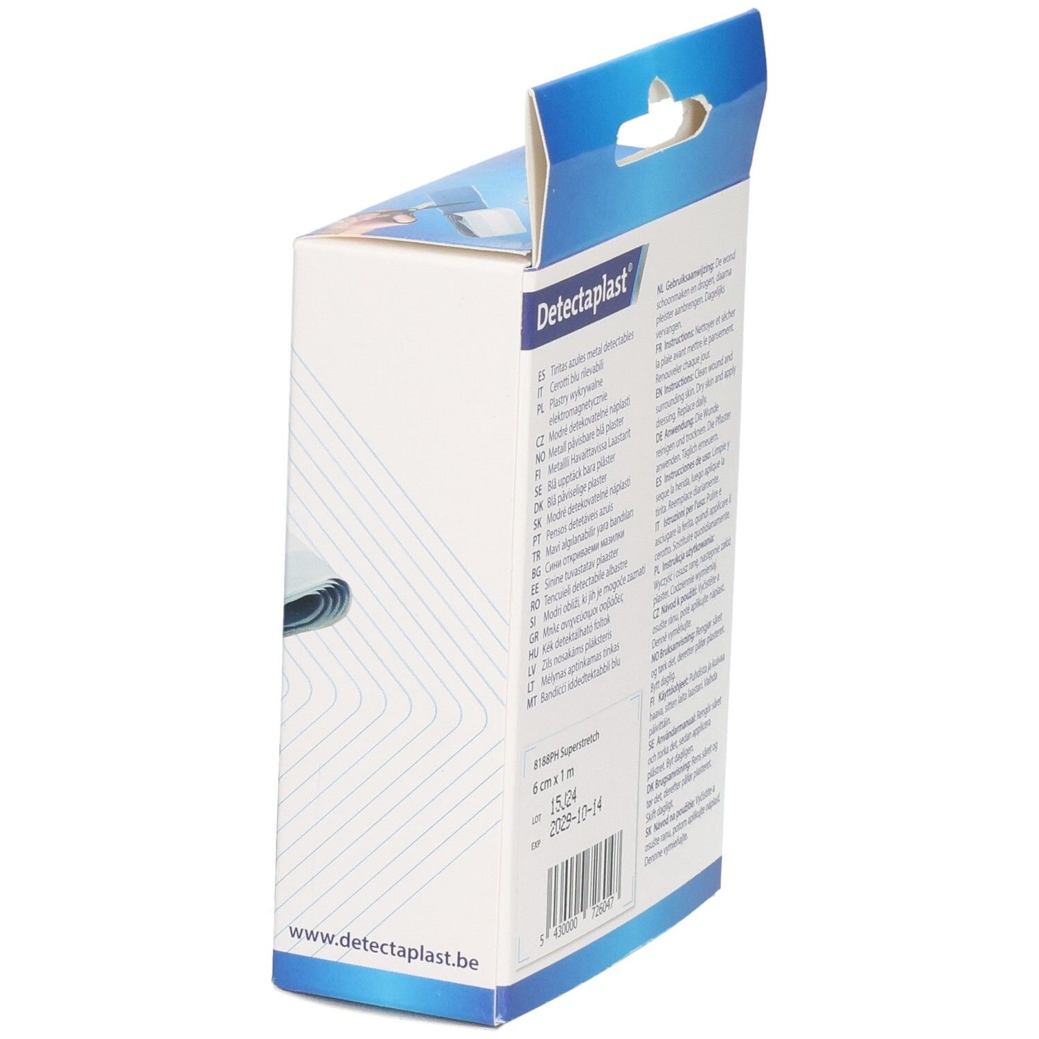 Zijkant verpakking: Detectaplast blauwe pleisters, 6 cm x 1 m, Super Stretch, met instructies.