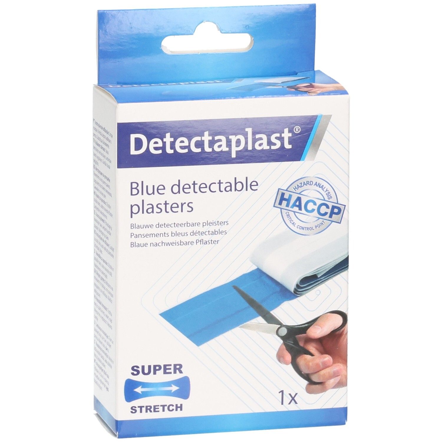 Detectaplast blauwe detecteerbare pleisterrol, 6 cm x 1 m, Super Stretch, HACCP-gecertificeerd.