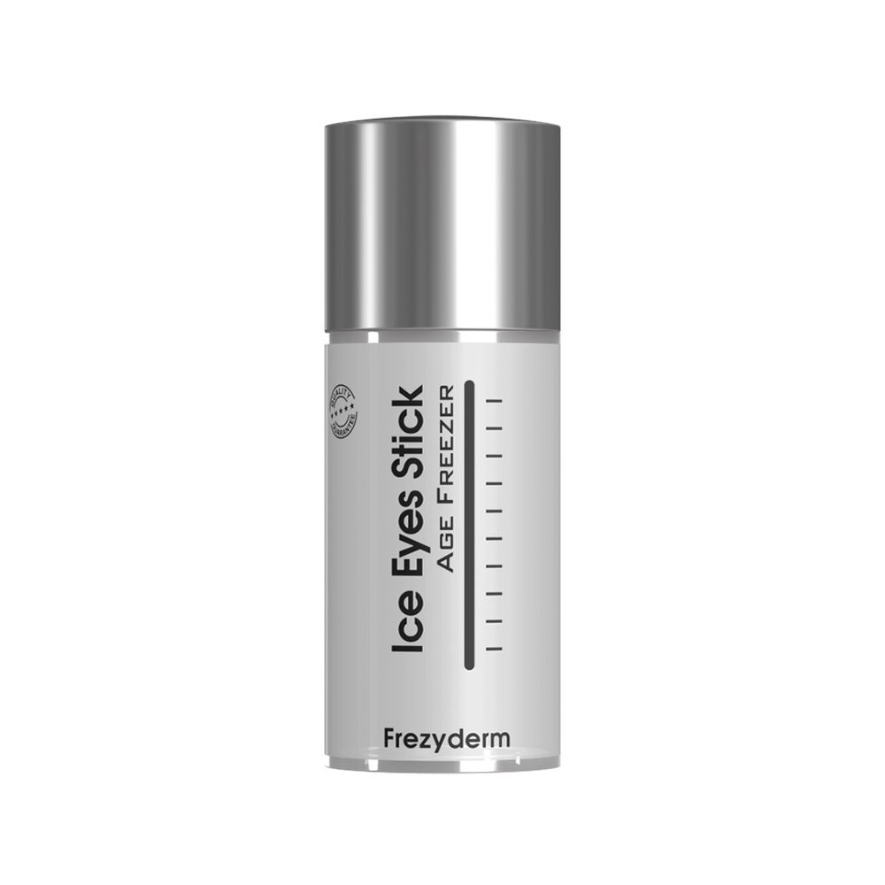 Frezyderm Ice Eyes Stick met zilveren dop, transparante fles met schaal en witte inhoud.