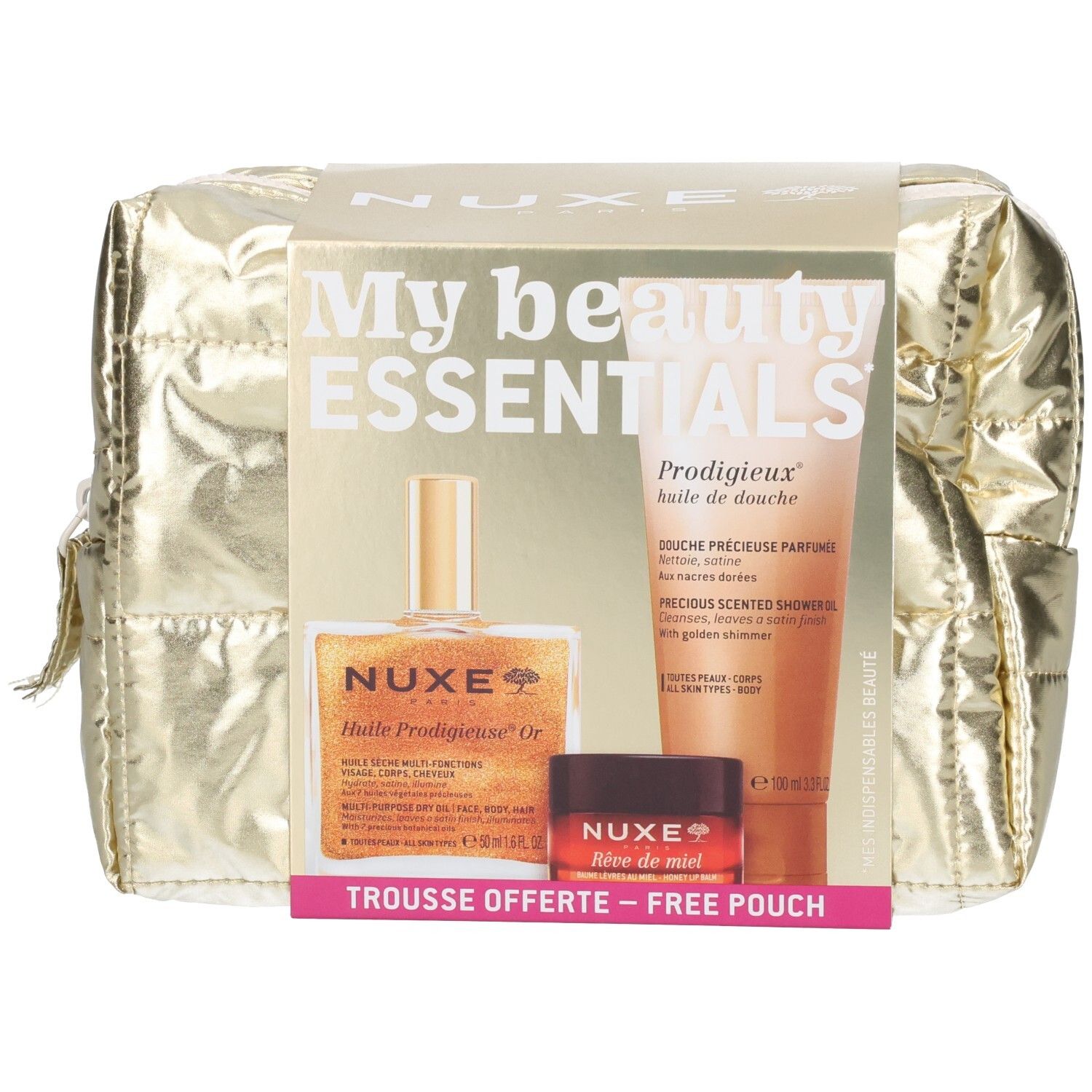 Set Nuxe My Beauty Essentials avec trousse dorée, Huile Prodigieuse, gel douche et baume à lèvres.