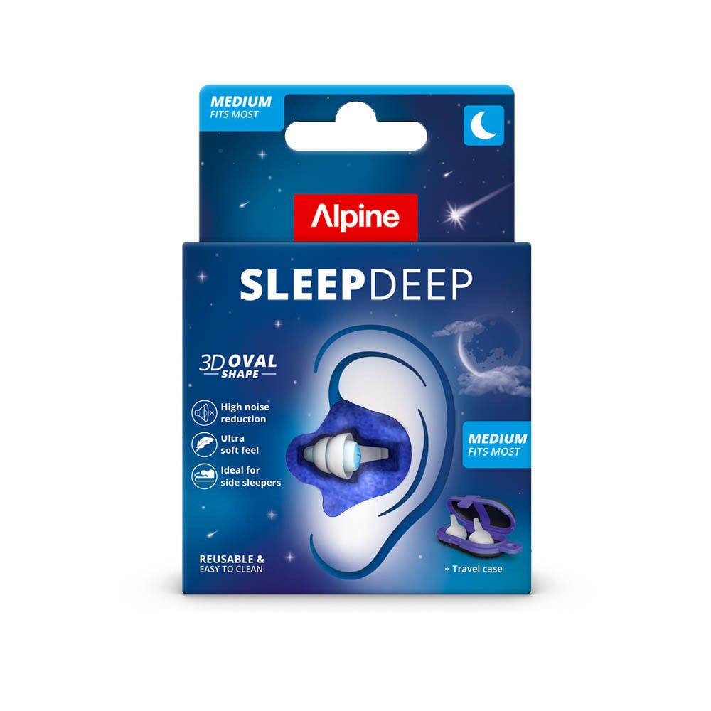 Bouchons d'oreilles Alpine SleepDeep, Medium, forme ovale 3D. Emballage avec design ciel étoilé et caractéristiques du produit.