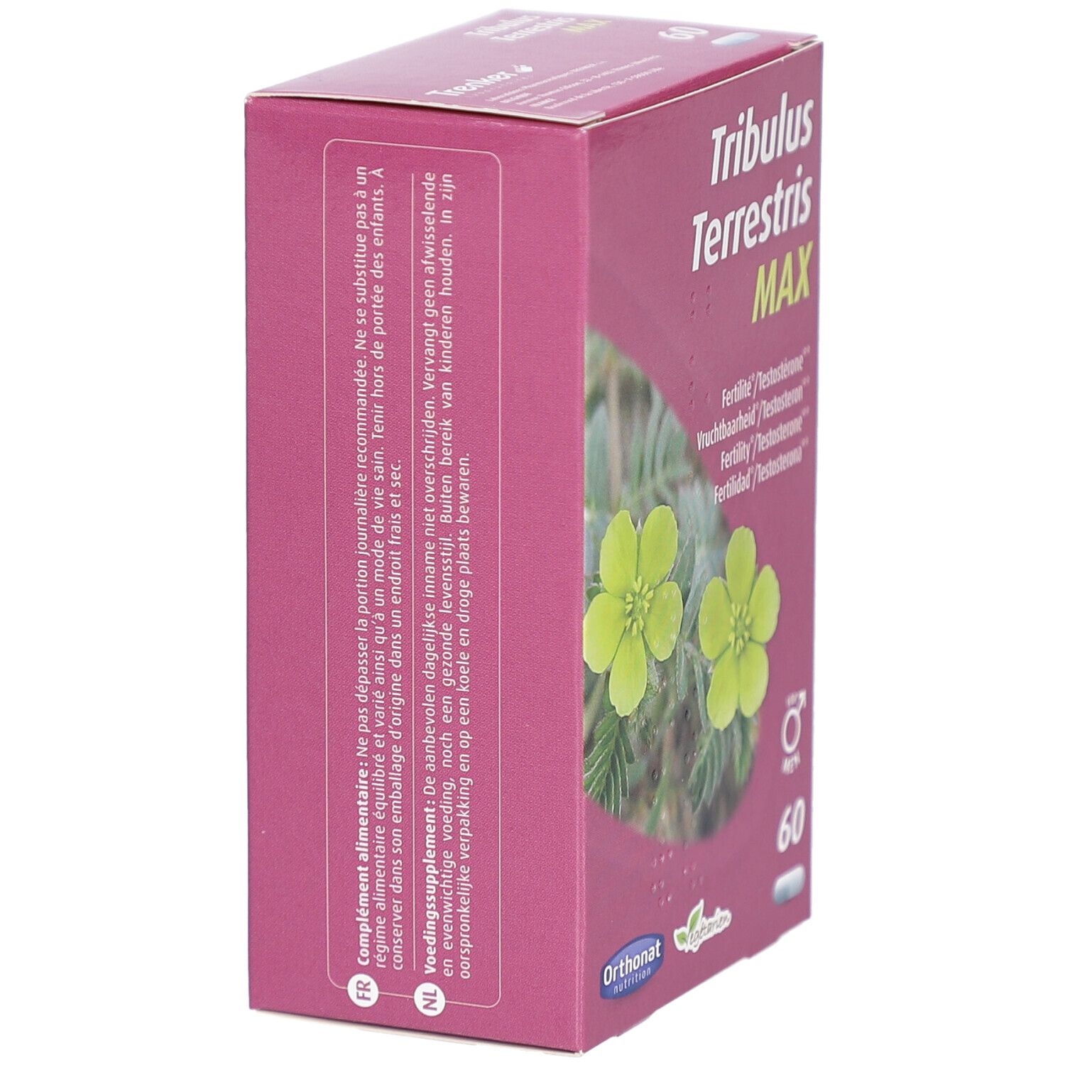 Roze doos, zijaanzicht. Tekst in het Frans en Nederlands. Merk: Orthonat Nutrition.