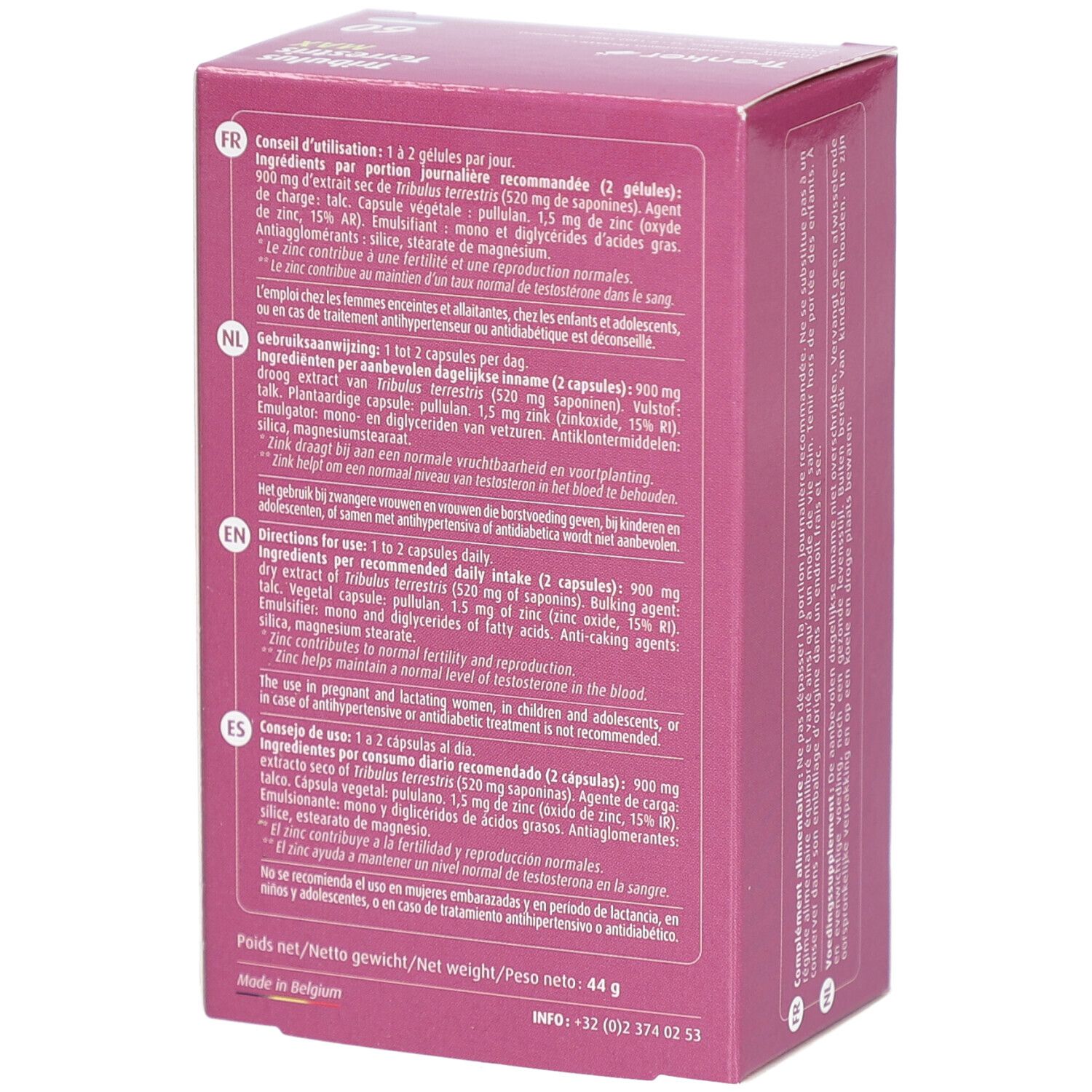 Roze doos, achterkant met meertalige tekst. Bevat informatie over ingrediënten.