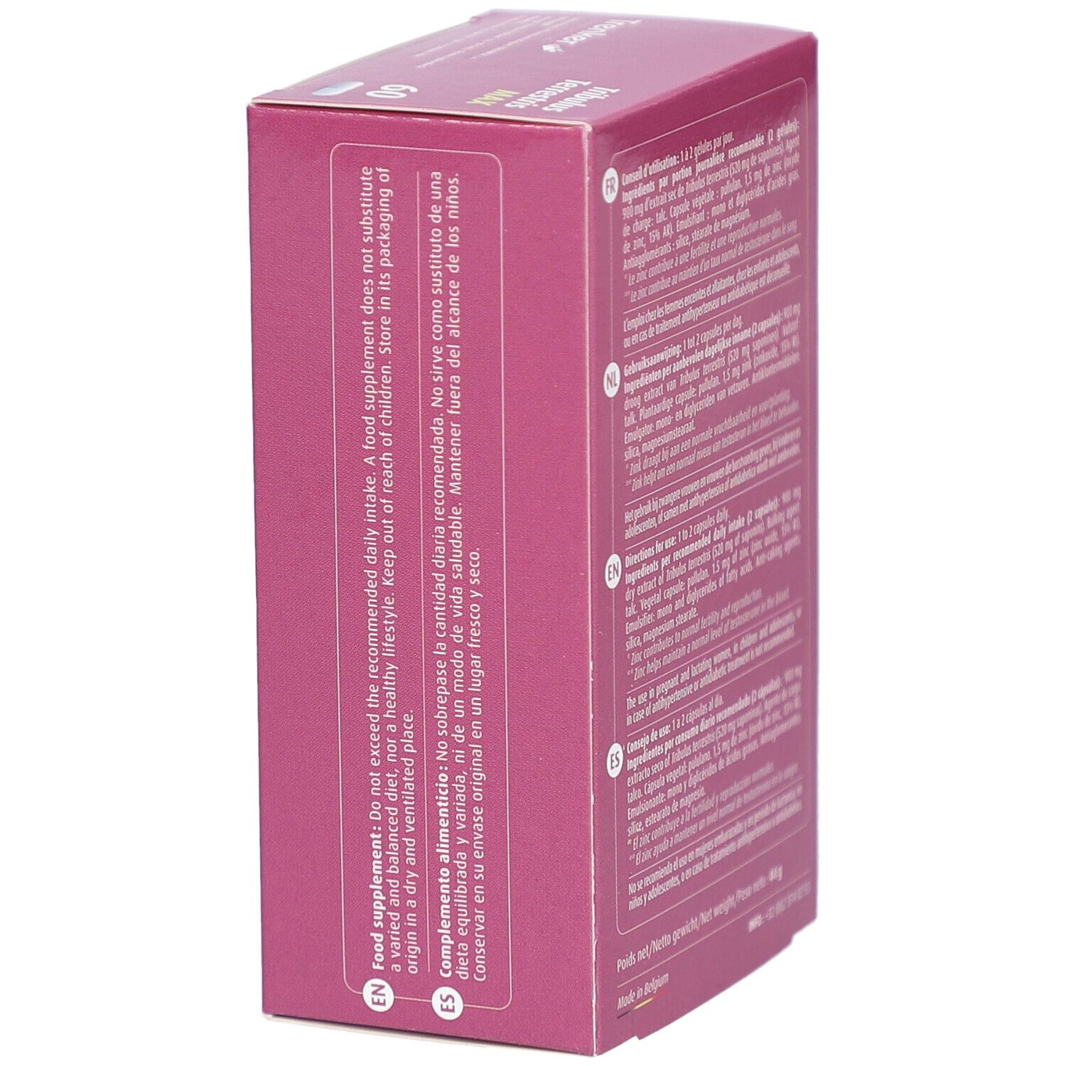 Roze doos, zijaanzicht met meertalige tekst. Bevat gebruiksinformatie.