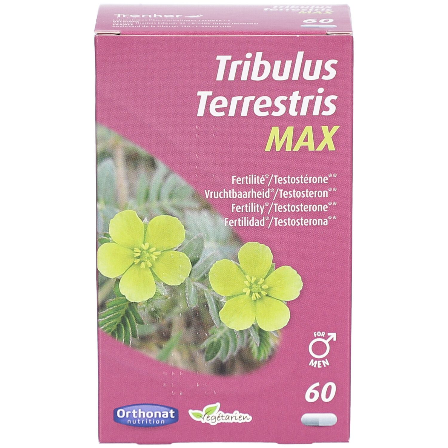Roze doos met productnaam en bloemmotief. Bevat 60 capsules. Vegetarisch.
