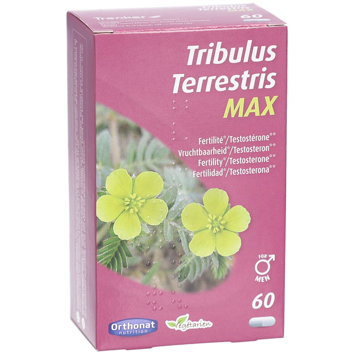 Roze doos met productnaam en bloemmotief. Bevat 60 capsules. Een capsule zichtbaar.