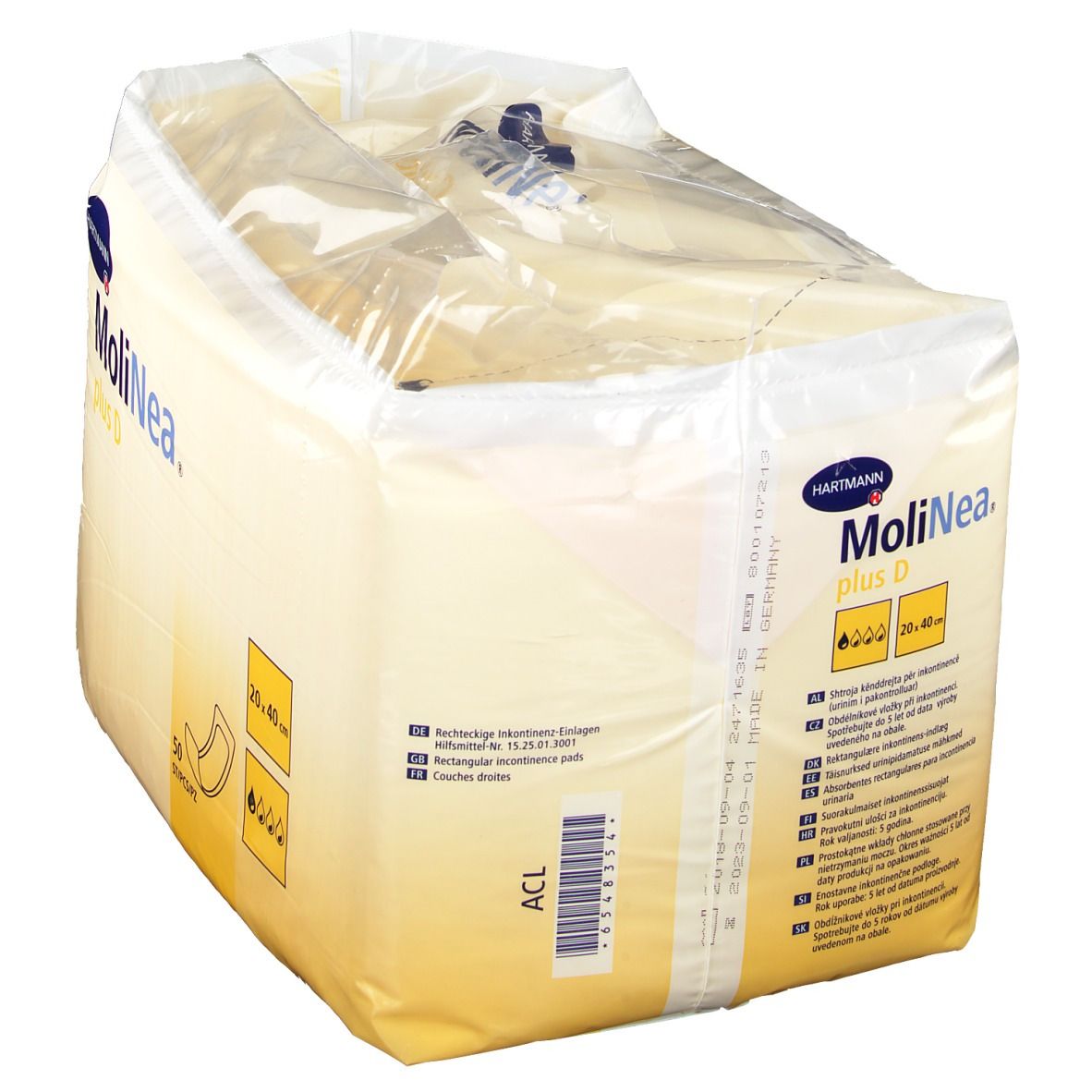 Emballage MoliNea plus D, coussinets absorbants 20 x 40 cm. Film transparent, emballage jaune et blanc. Logo Hartmann.