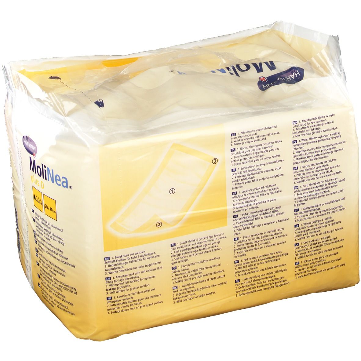 Emballage MoliNea plus D, coussinets absorbants 20 x 40 cm. Illustration du produit, texte multilingue. Logo Hartmann.