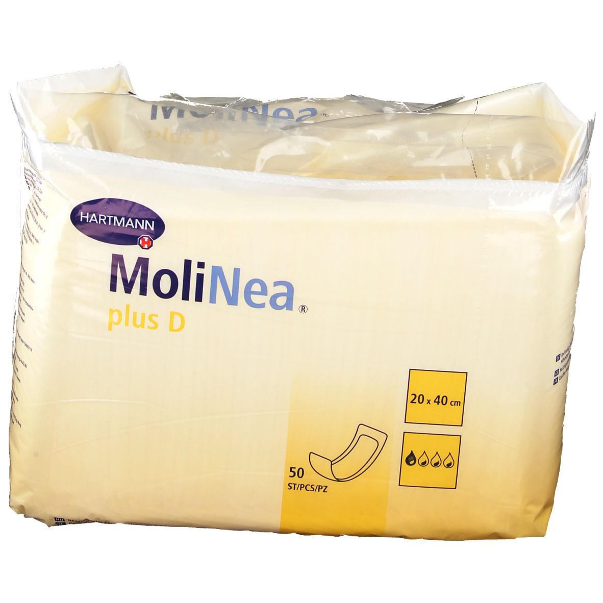 Emballage MoliNea plus D, coussinets absorbants 20 x 40 cm. 50 pièces. Logo Hartmann. Illustration et indication de taille.