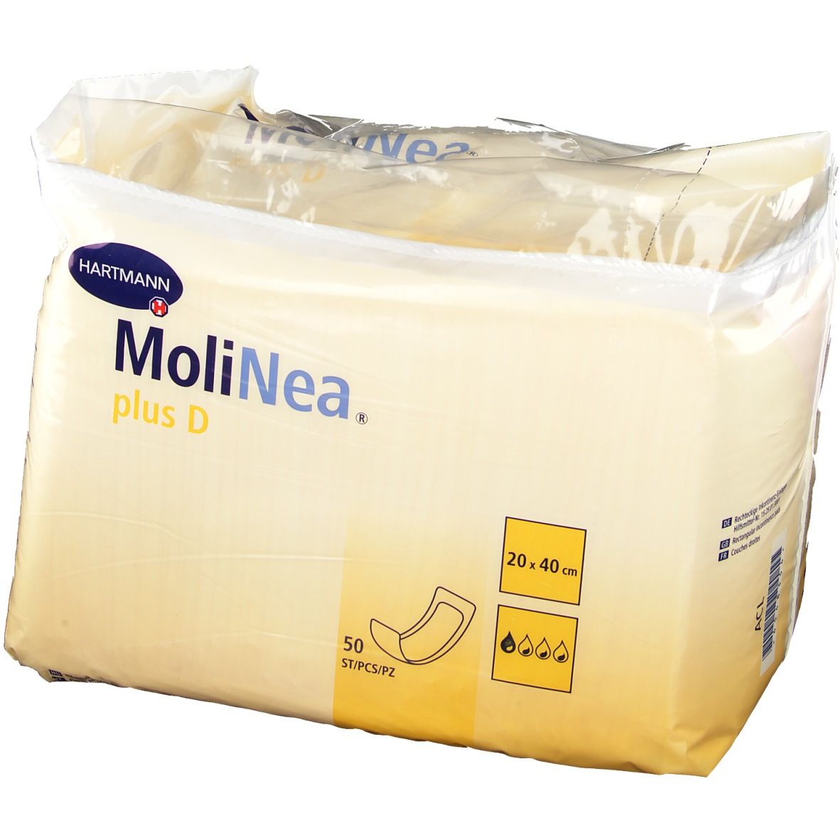 Emballage MoliNea plus D, coussinets absorbants 20 x 40 cm. 50 pièces. Logo Hartmann. Illustration et indication de taille.