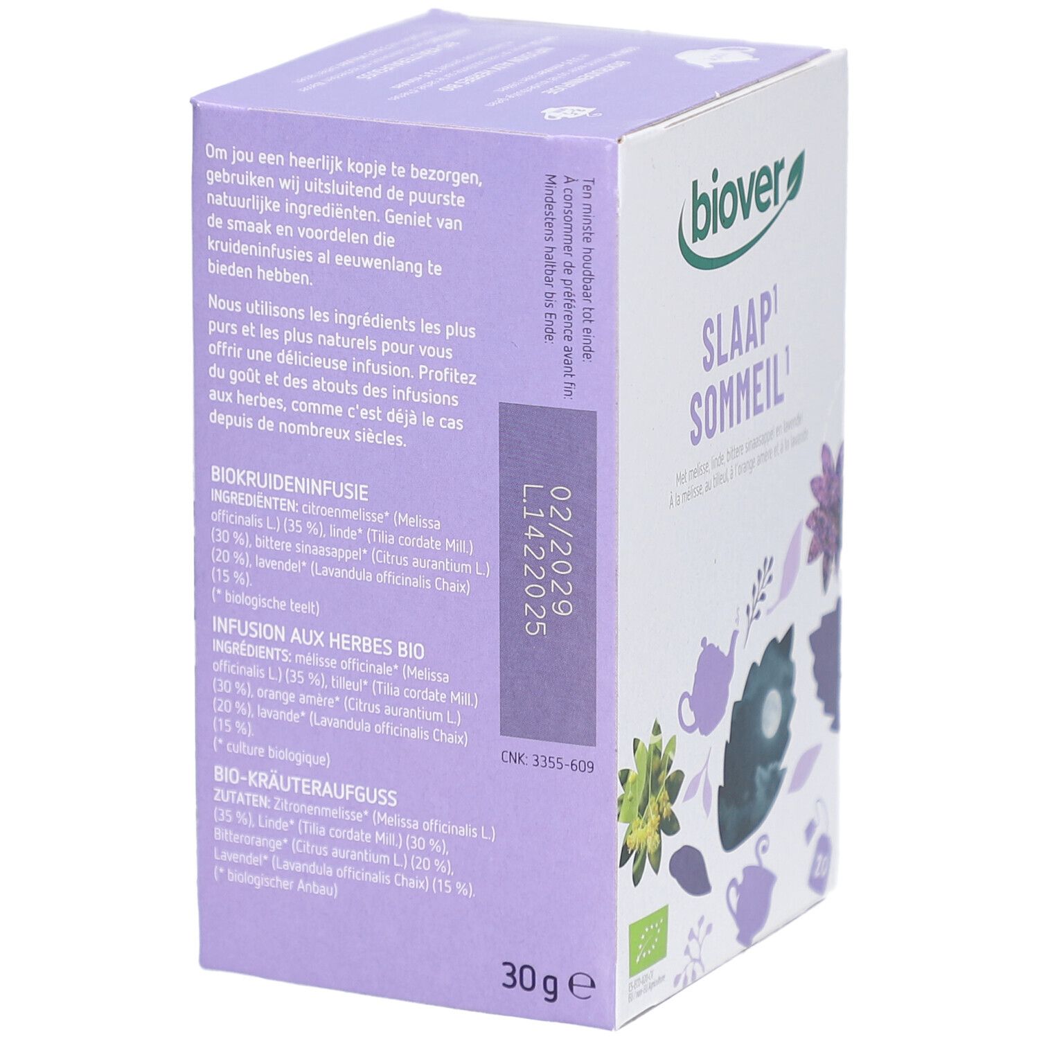 Boîte en carton avec informations produit et liste des ingrédients. Marque Biover. Date de péremption 02/2025.