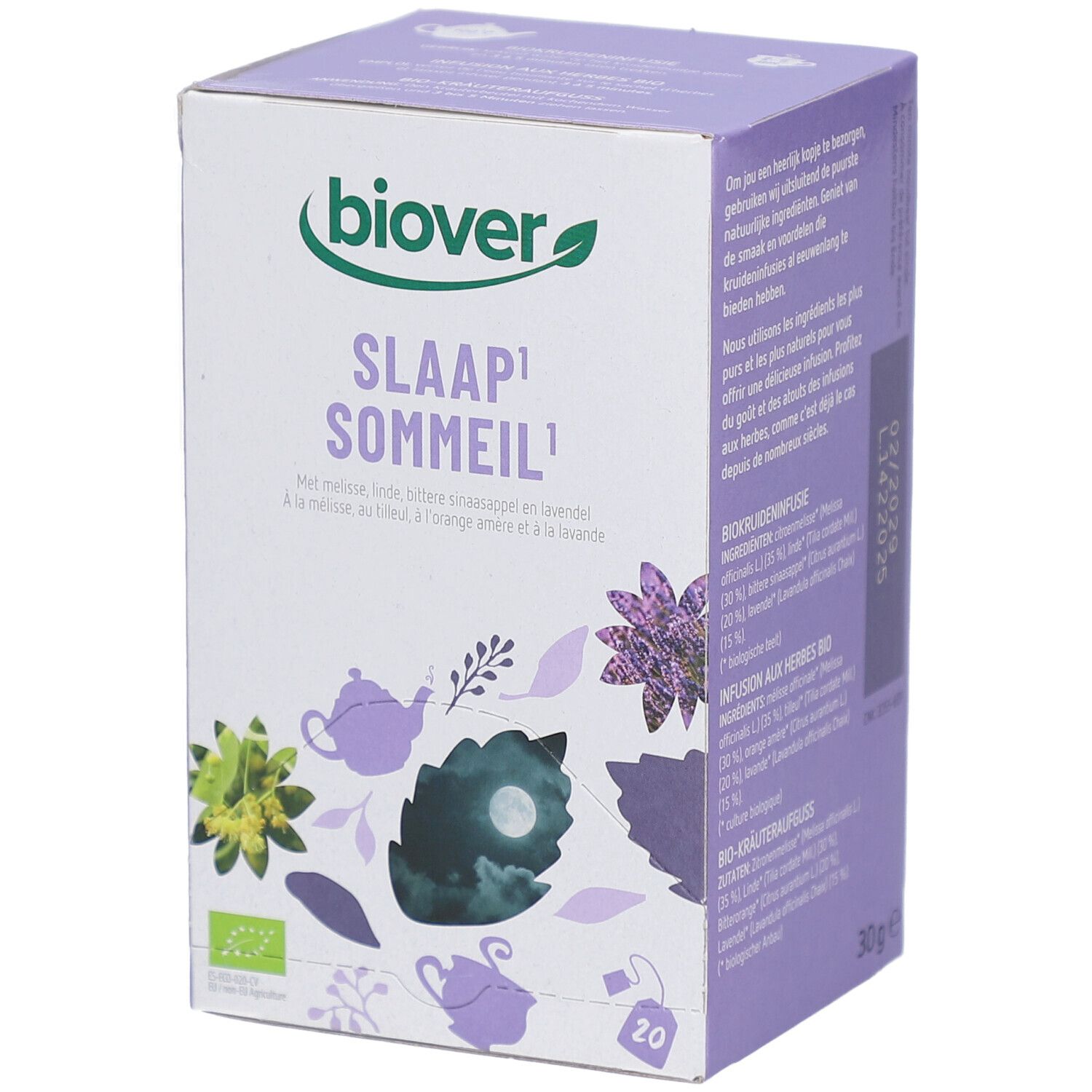 Boîte en carton avec nom du produit et illustrations florales. Marque Biover. Contient 20 sachets de thé.