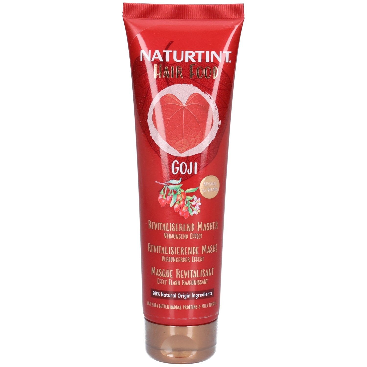 Tube rouge avec nom du produit et illustration de Goji. Texte: Masque revitalisant. Bouchon doré.