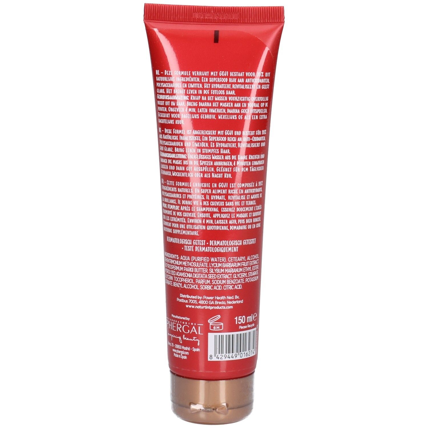 Tube rouge, dos avec texte. Bouchon doré. En bas: 150 ml.