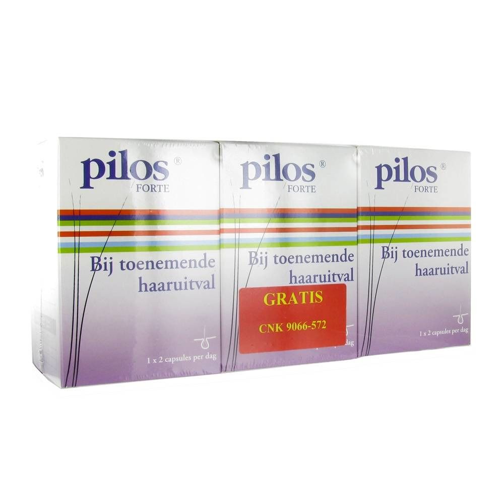 Trois boîtes de Pilos Forte. Inscription : Bij toenemende haaruitval. Autocollant rouge : GRATIS. CNK 9066-572.