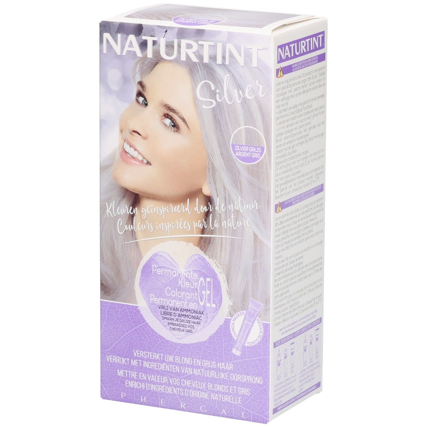 Verpakking Naturtint Silver. Afgebeeld: vrouw met zilvergrijs haar. Tekst: Permanent Gel Colorant. Met ingrediënten van natuurlijke oorsprong.