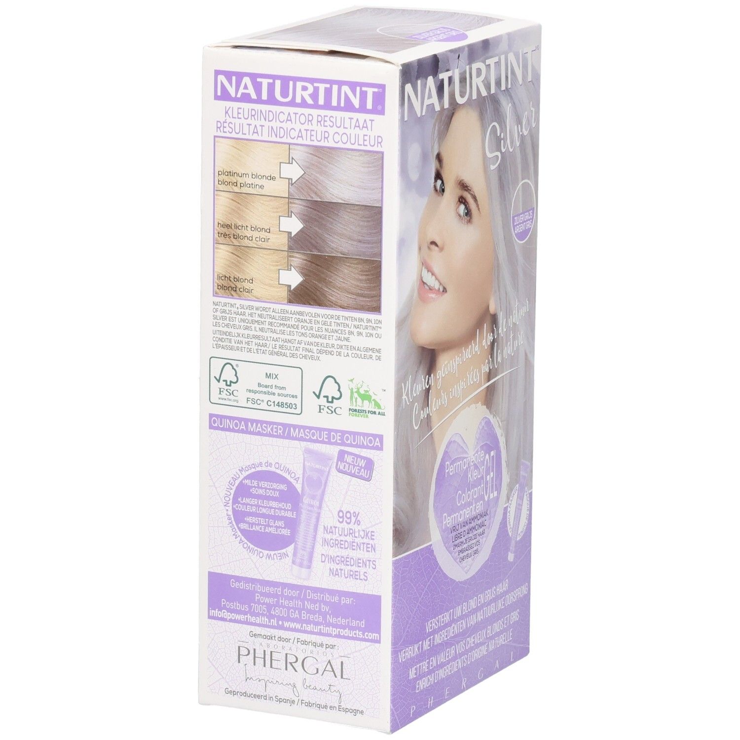 Achterkant verpakking Naturtint Silver. Kleurresultaten en FSC-certificeringen. Tekst: Quinoa Masker. 99% natuurlijke ingrediënten.