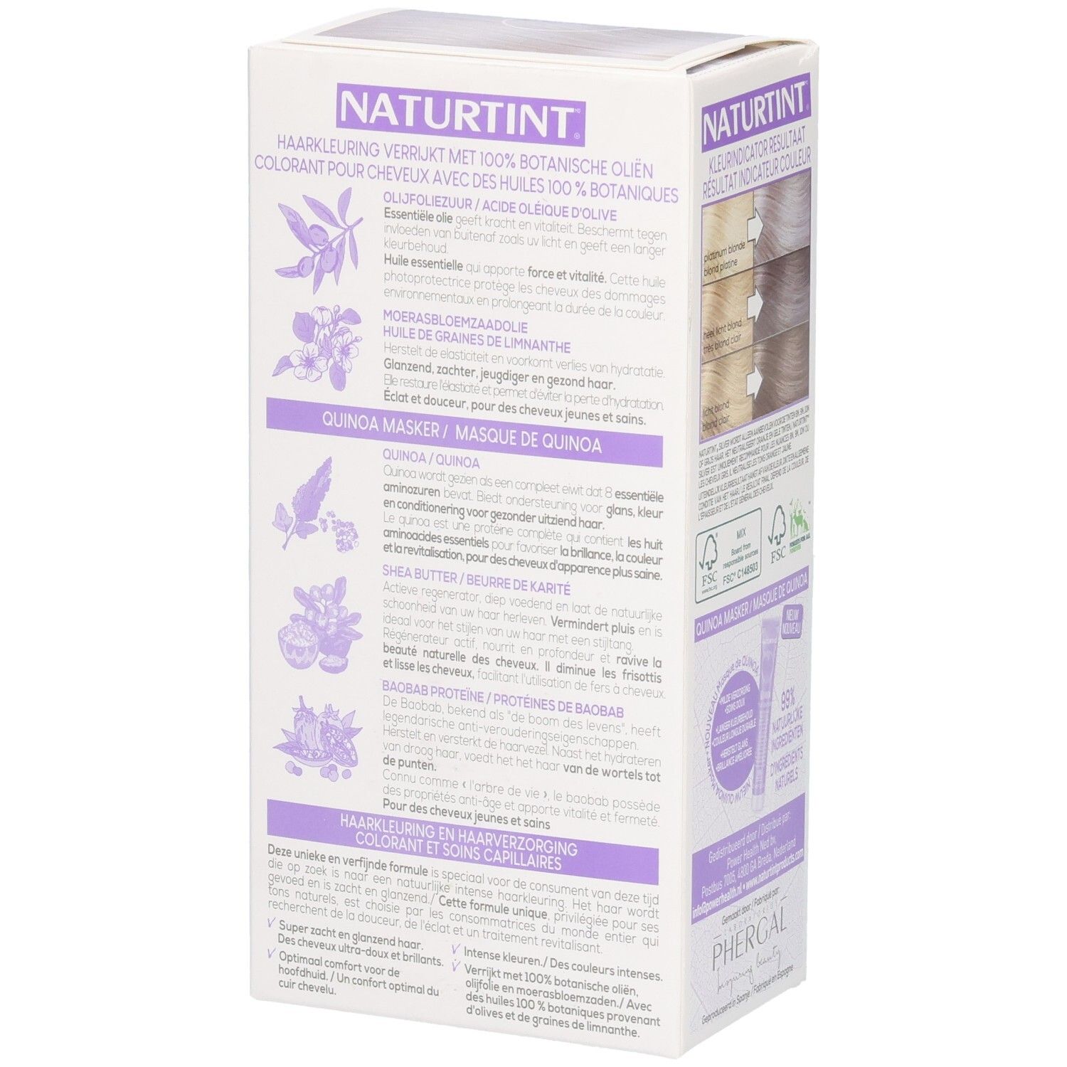 Achterkant verpakking Naturtint Silver. Ingrediënten. Tekst: Haarkleuring met 100% botanische oliën. Quinoa Masker. Shea Butter.