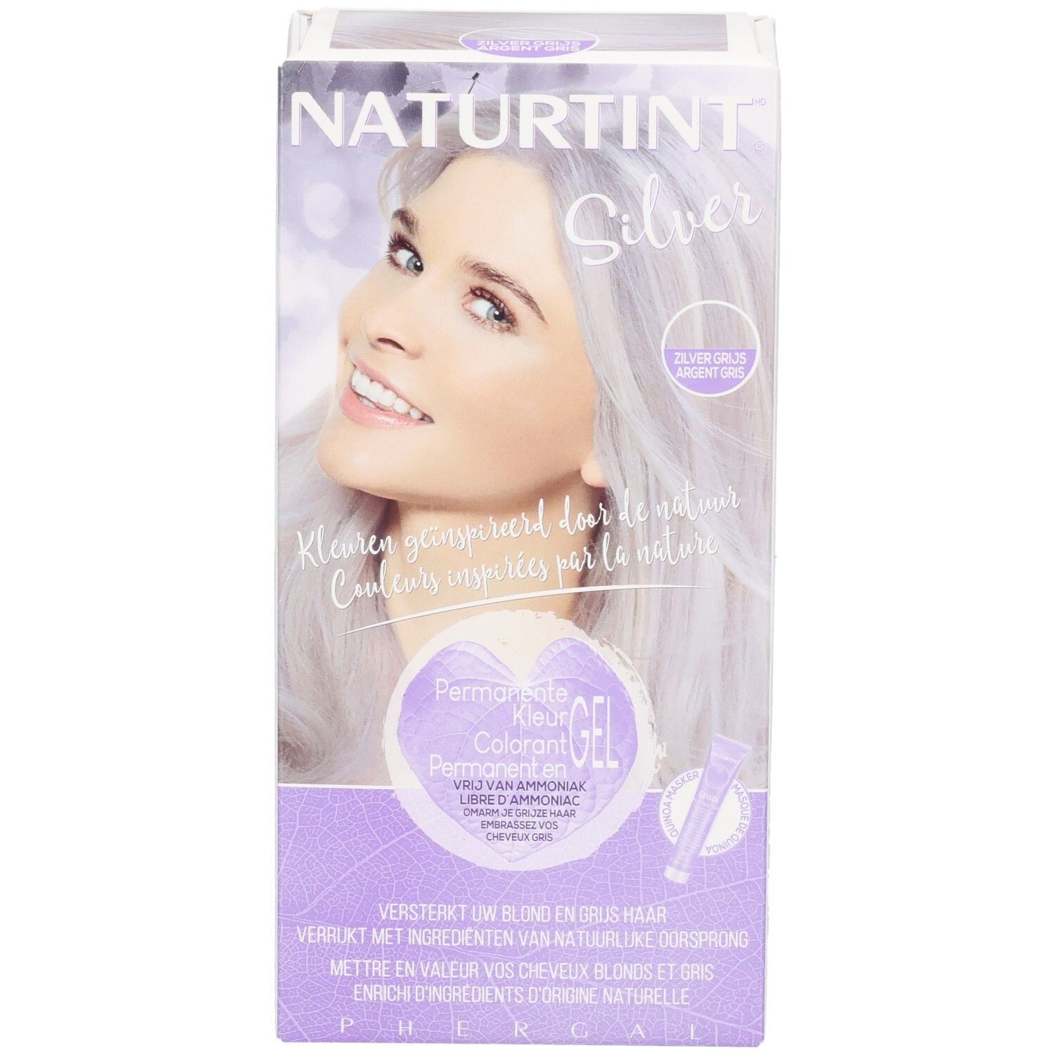 Verpakking Naturtint Silver. Afgebeeld: vrouw met zilvergrijs haar. Tekst: Permanent Gel Colorant. Zonder ammoniak. Voor blond en grijs haar.