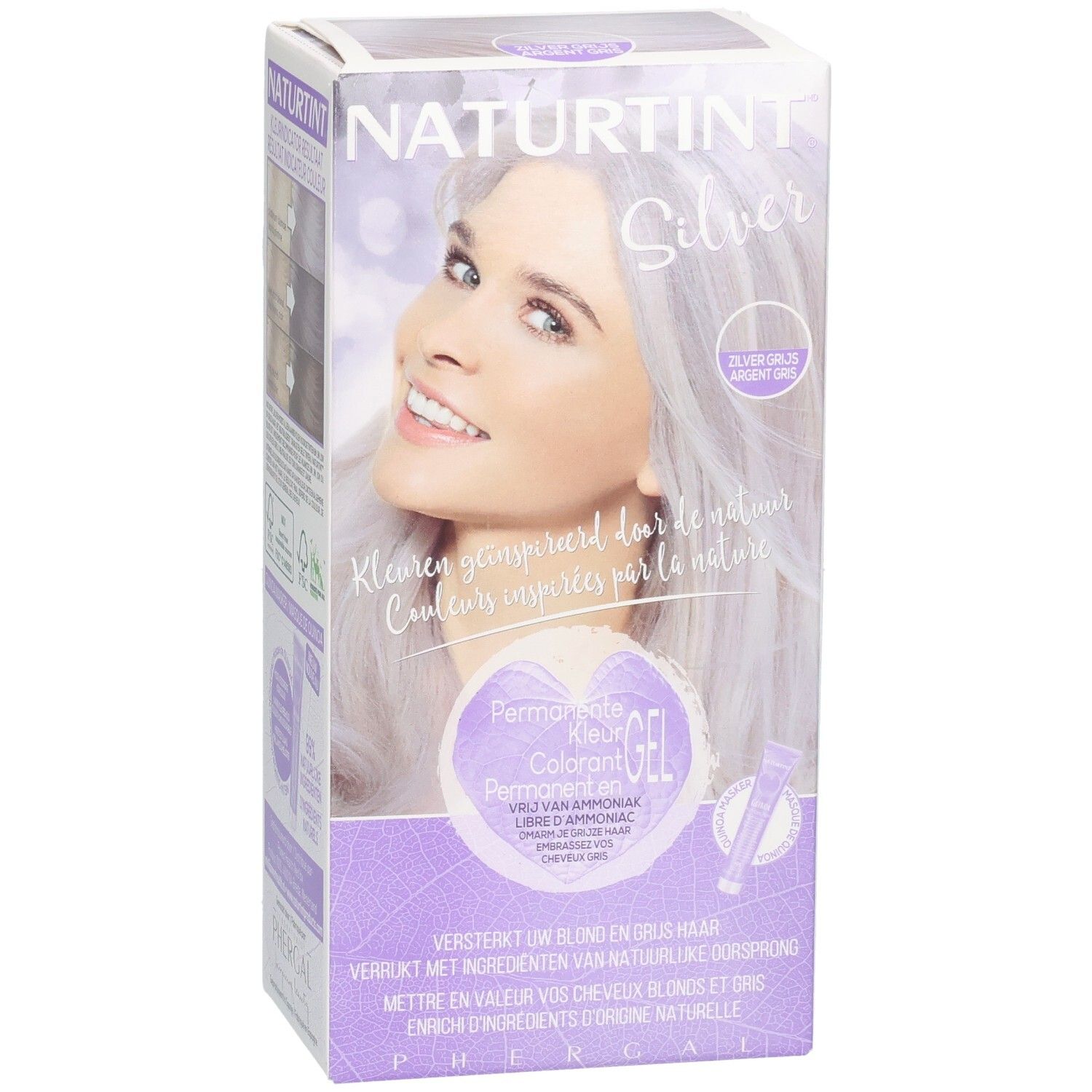 Verpakking Naturtint Silver. Afgebeeld: vrouw met zilvergrijs haar. Tekst: Permanent Gel Colorant. Zonder ammoniak. Voor blond en grijs haar.