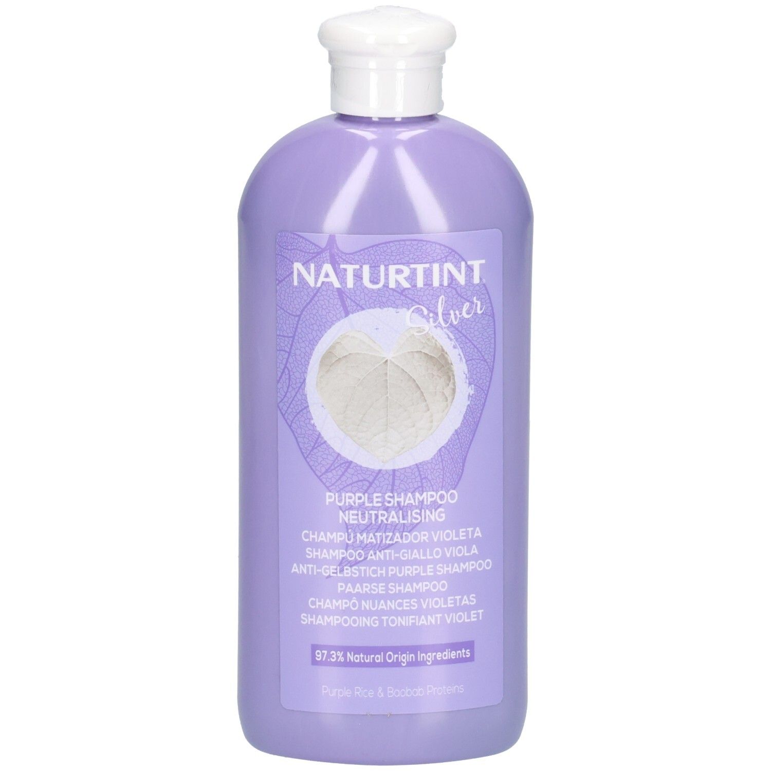 Paarse shampoo fles. Opschrift: Naturtint Silver, Purple Shampoo. Witte dop. Etiket met informatie en logo.