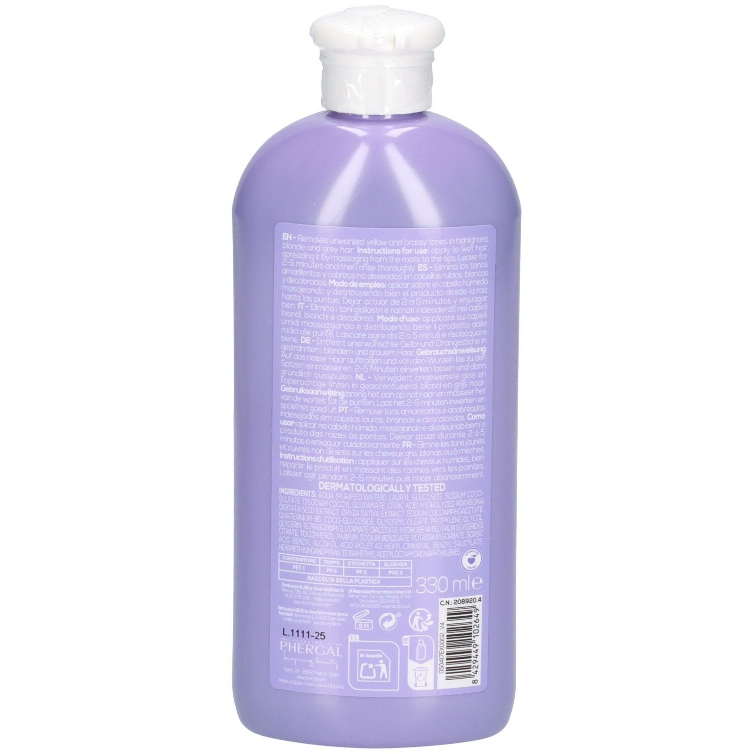 Achterkant van een paarse shampoo fles. Tekst met ingrediënten en instructies. Opschrift: Dermatologisch getest. 330 ml.