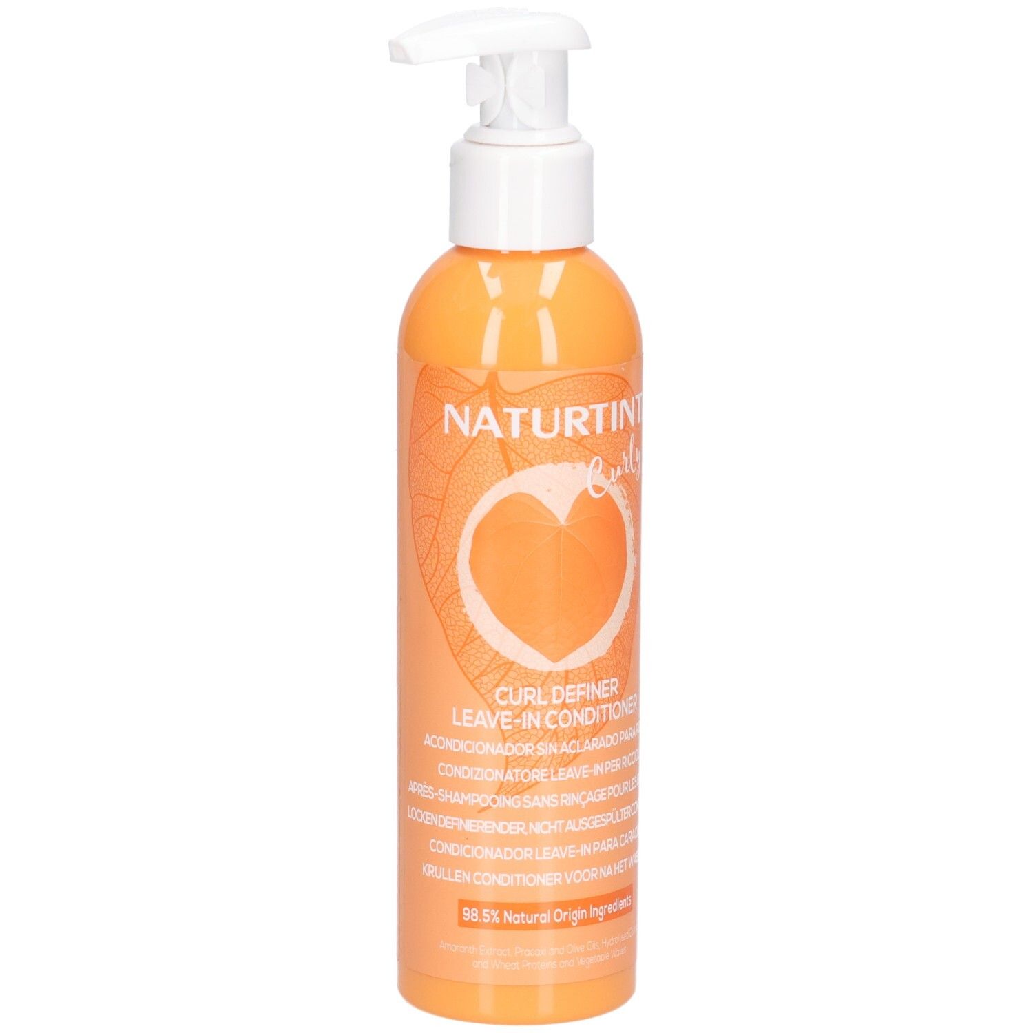 Oranje fles met pompdosering, Naturtint Curl Definer Leave-In Conditioner.