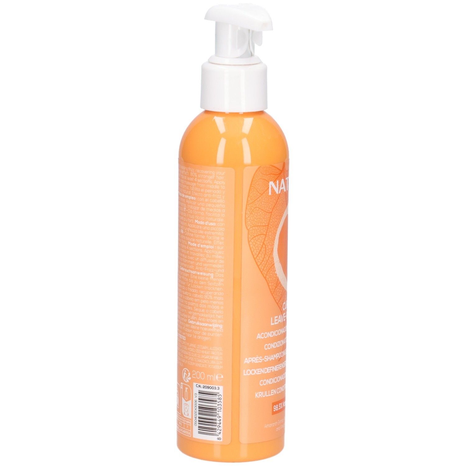 Achterkant van een oranje fles met pompdosering, Naturtint Curl Definer.