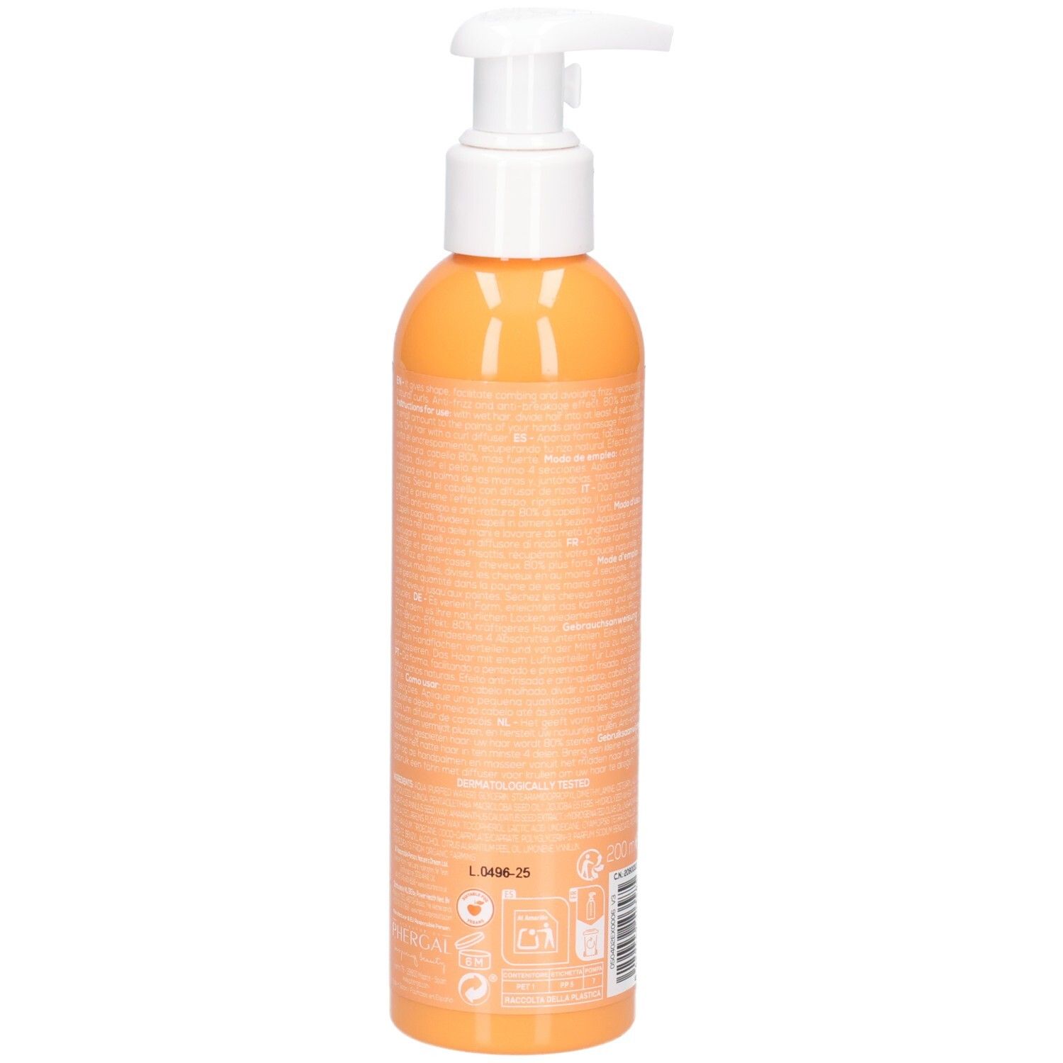 Achterkant van een oranje fles met pompdosering, Naturtint Curl Definer.