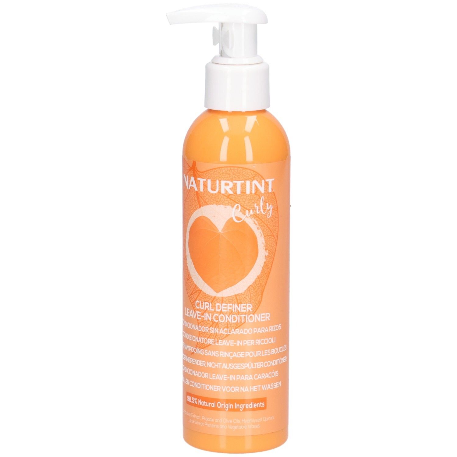 Oranje fles met pompdosering, Naturtint Curl Definer Leave-In Conditioner.